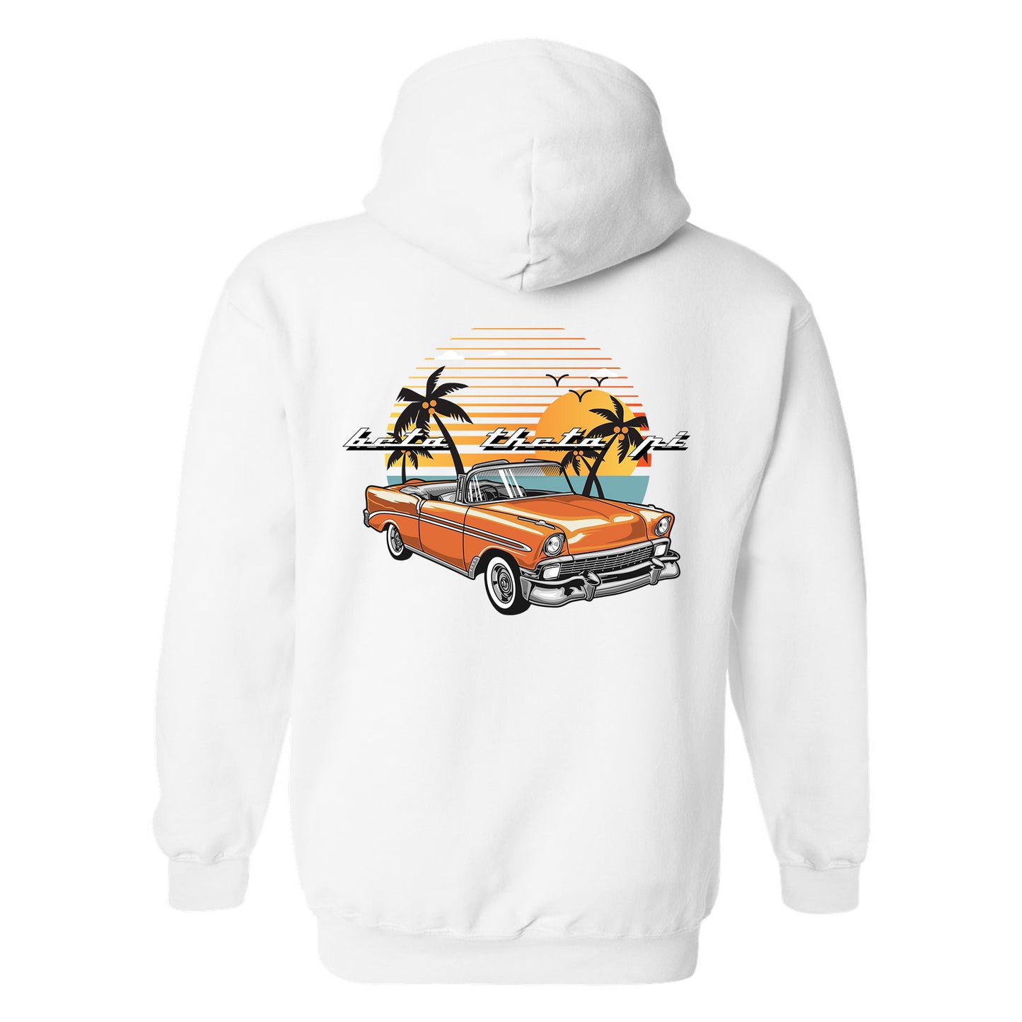 a white hoodie with an orange car and palm trees