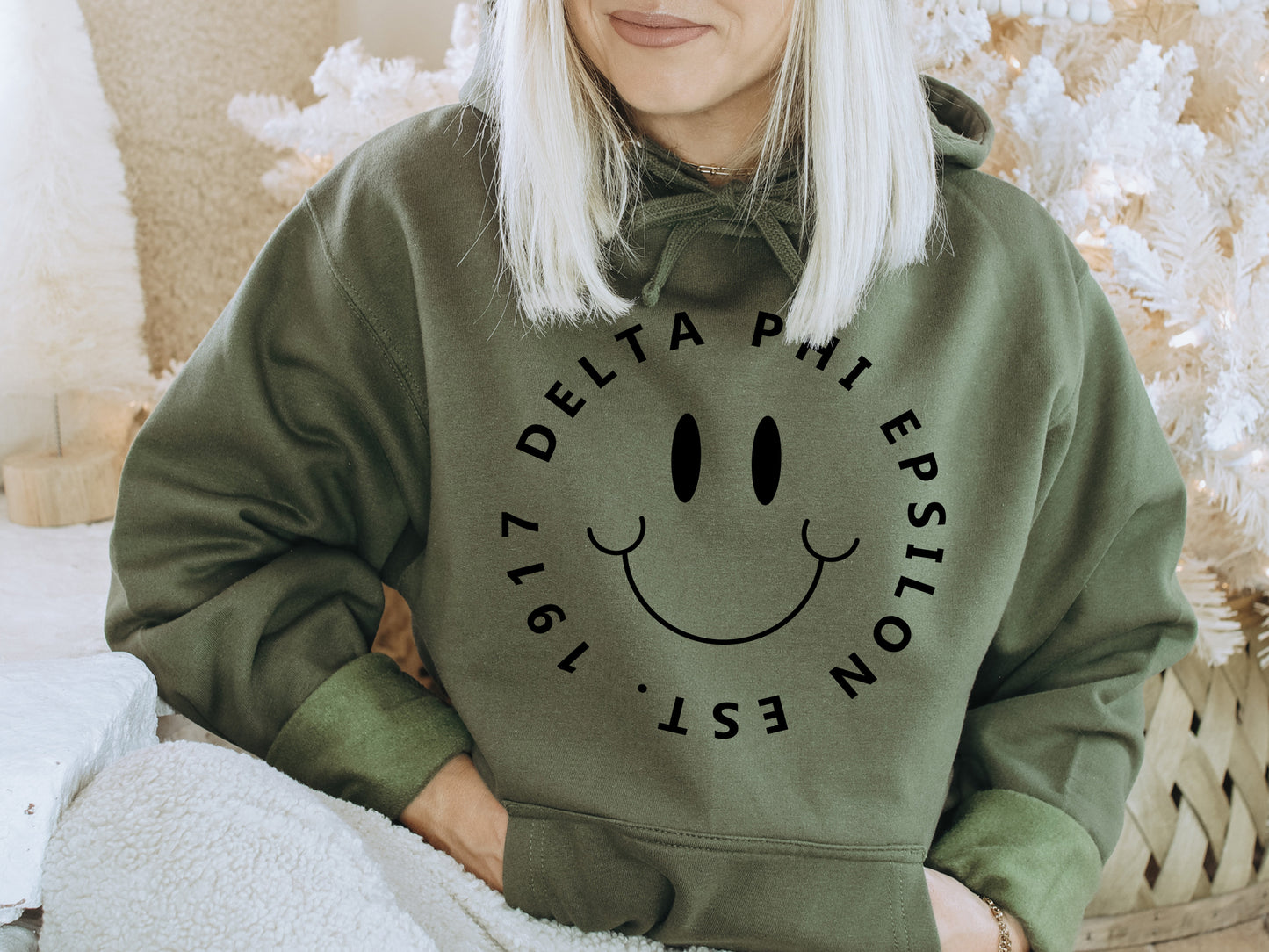 Delta Phi Epsilon Smiley Face Halo Sorority Hoodie _ 2511g