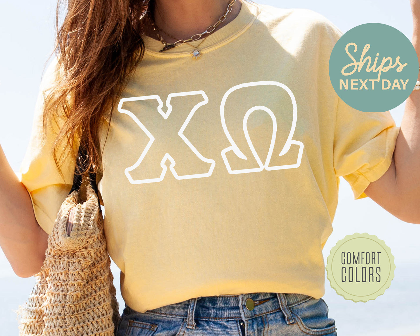 Chi Omega White Letter Outline Comfort Colors Sorority T-shirt _ 30800g