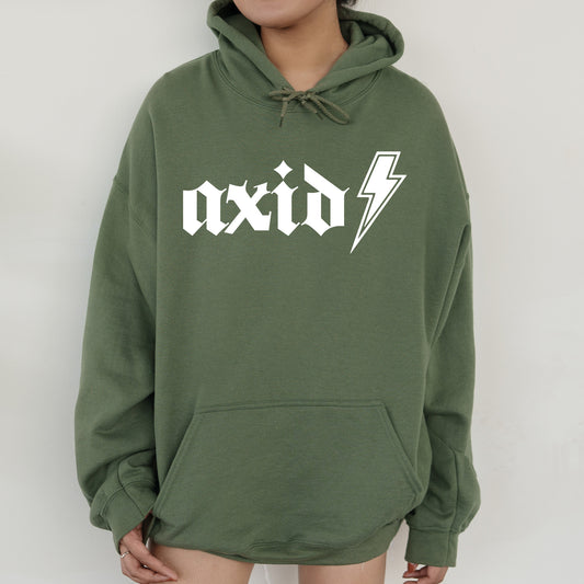 a person wearing a green hoodie with a lightning bolt on it