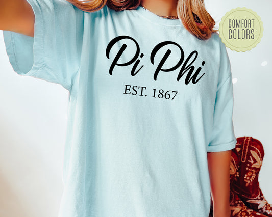Pi Beta Phi Black Flowy Comfort Colors Sorority T-shirt  _ 97g