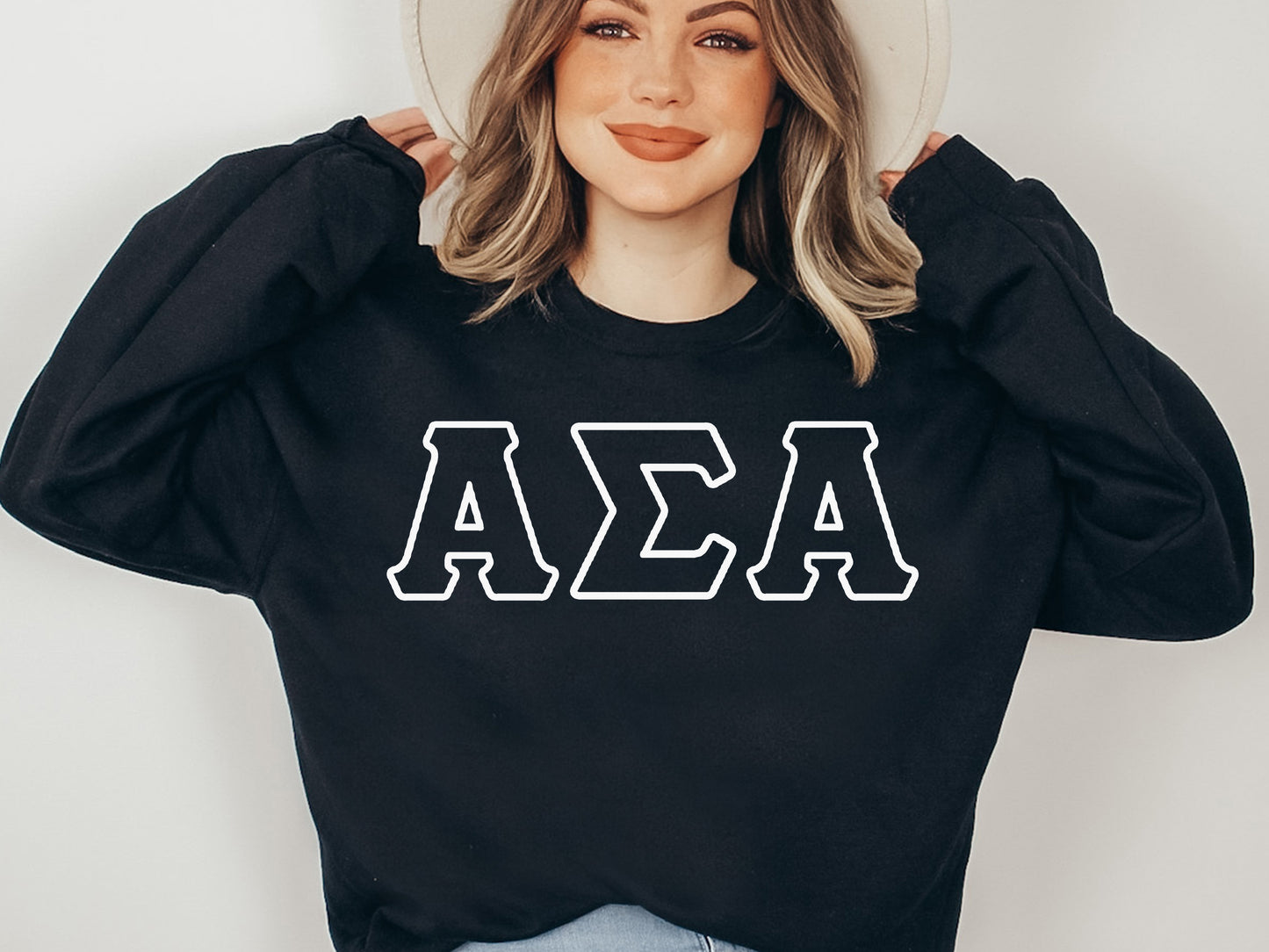 Alpha Sigma Alpha White Letter Outline Sorority Sweatshirt= _ 30797g