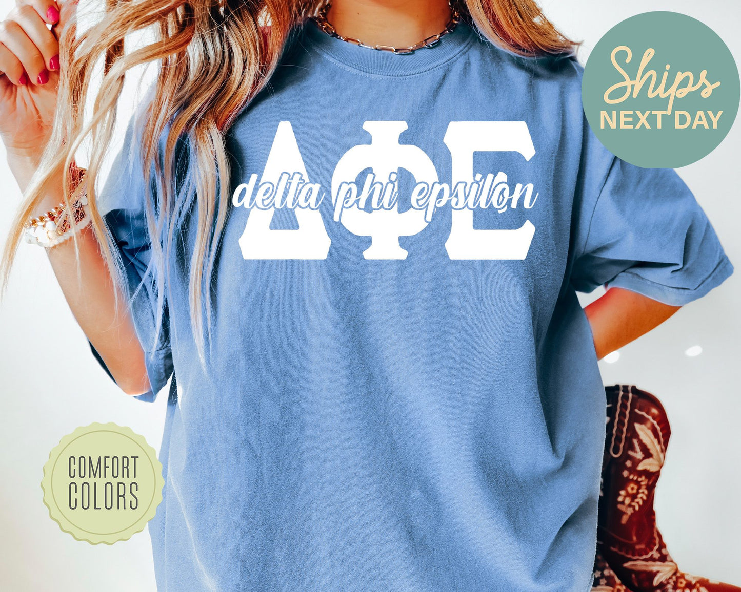 Delta Phi Epsilon Sliced White Letters Comfort Colors Sorority T-shirt _ 2250g