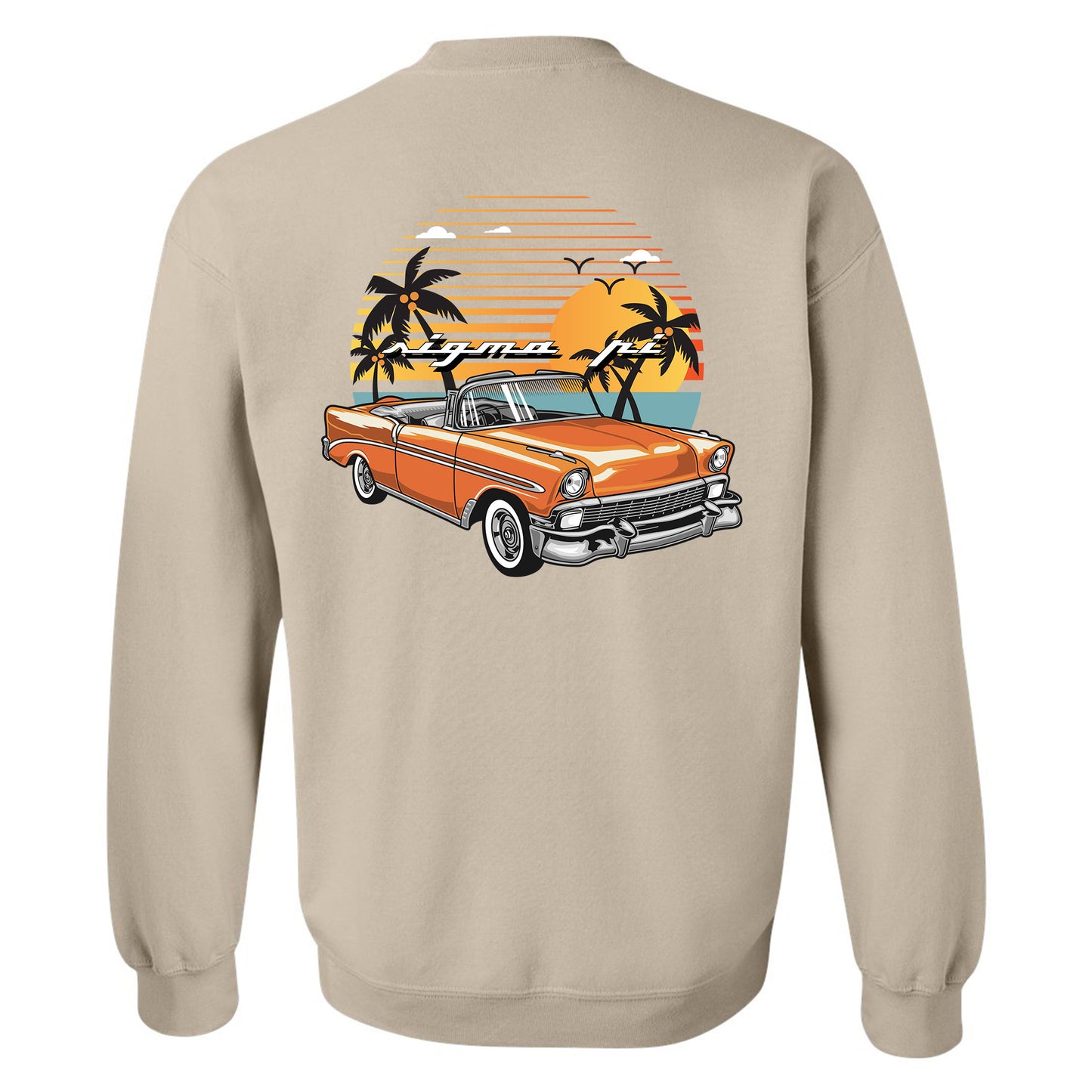 an orange classic car with palm trees on the beach