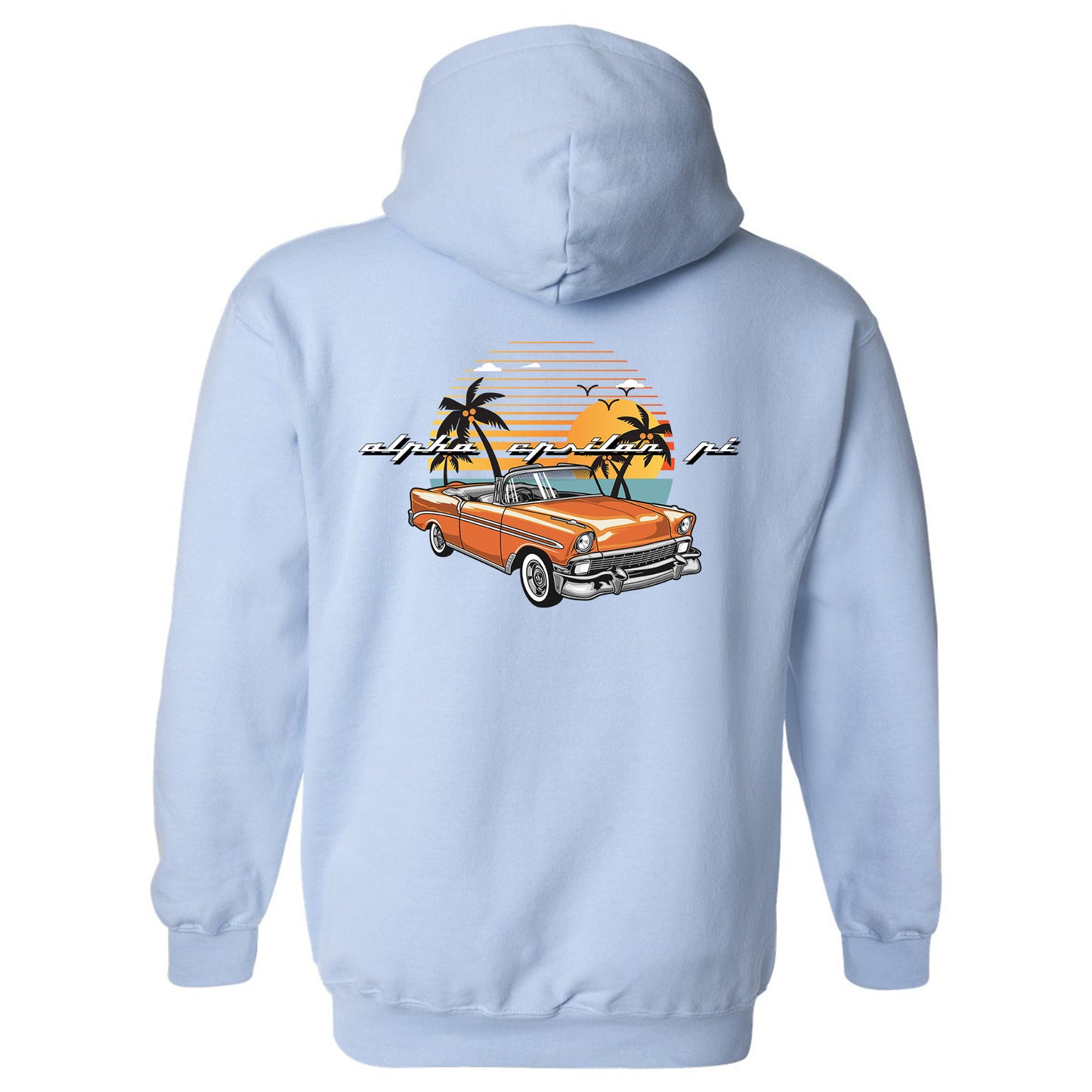 a blue hoodie with an orange car and palm trees