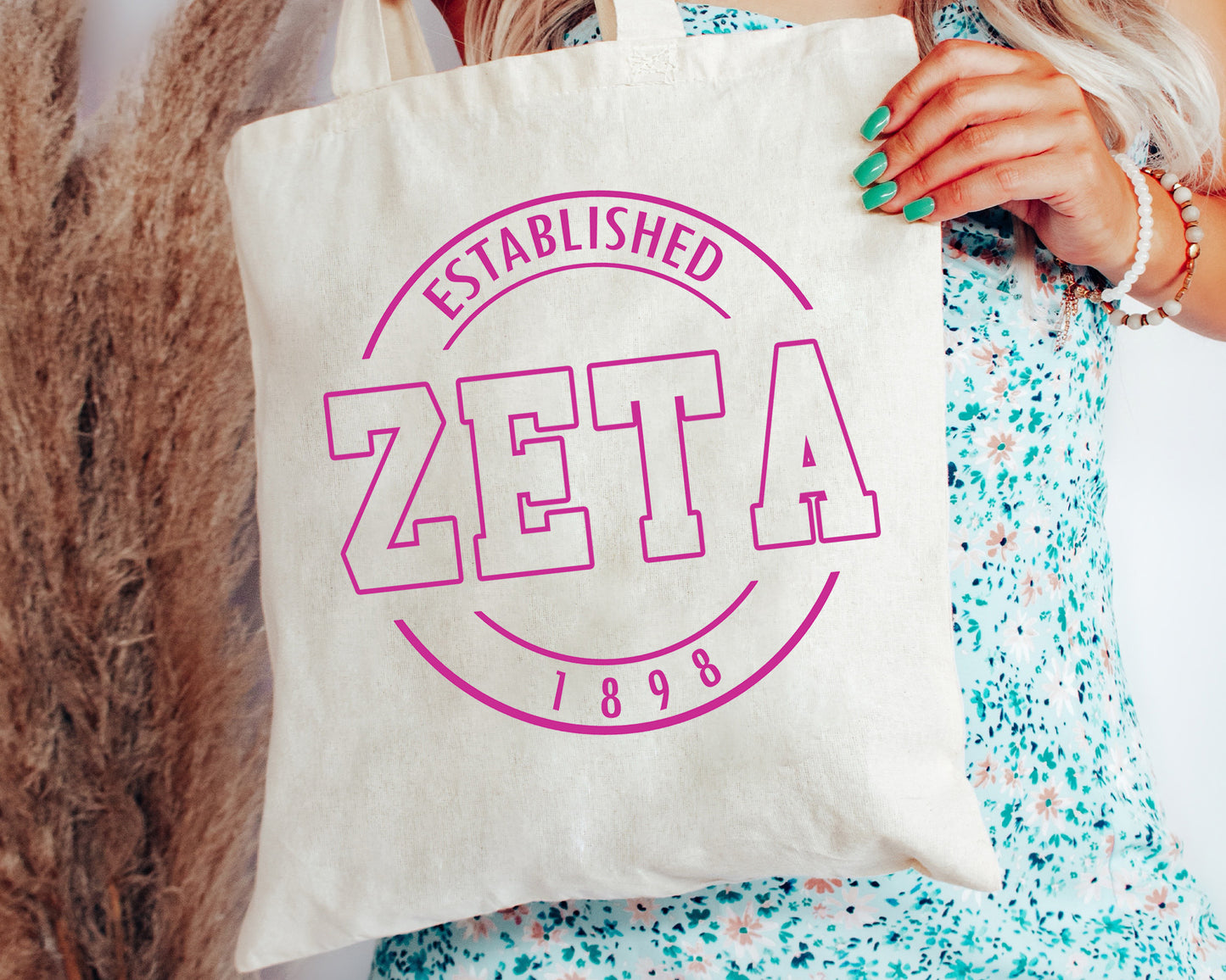 Zeta Tau Alpha Pink Stamp Sorority Tote Bag _ 34462g