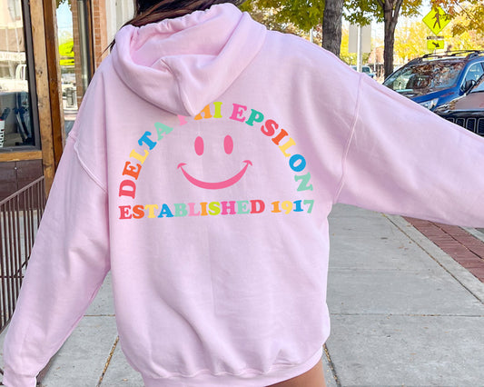 Delta Phi Epsilon Gleaming Smiley Face Sorority Hoodie _ 33062g
