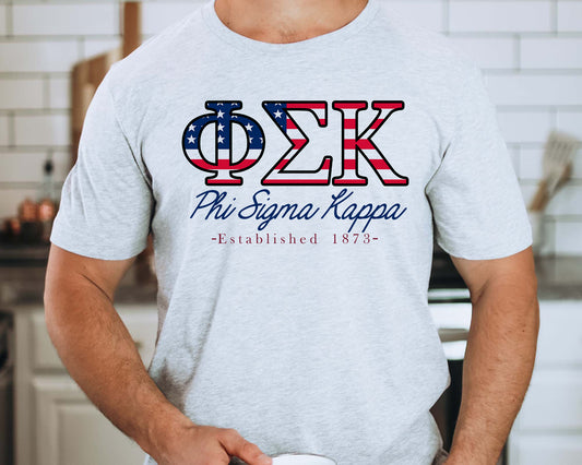 Phi Sigma Kappa American Flag Letters Fraternity T-shirt _ 1171g