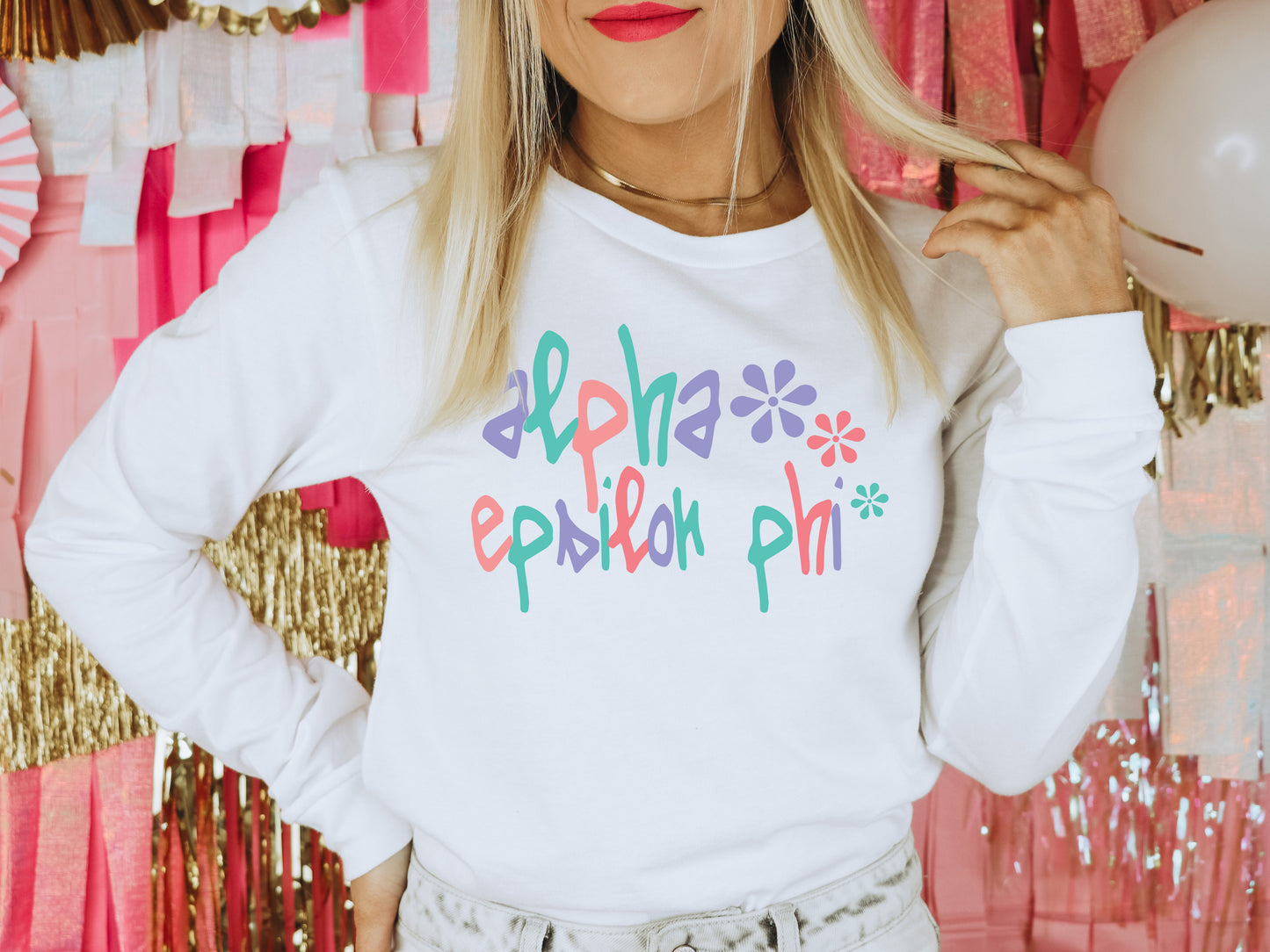 Alpha Epsilon Phi Colorful Floral Sorority Long Sleeve T-shirt _ 2605g