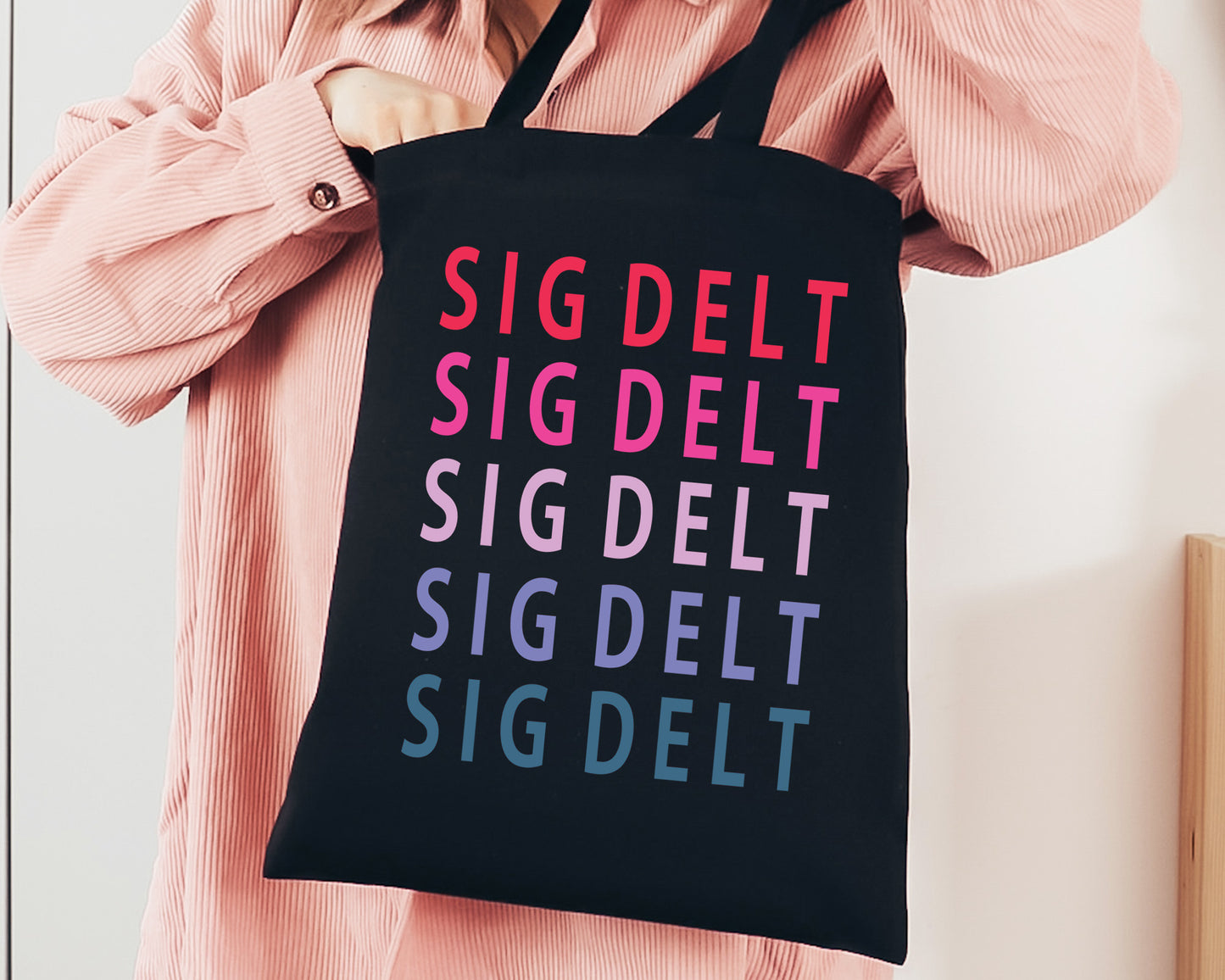 Sigma Delta Tau Bright and Stacked Sorority Tote Bag _ 34406g