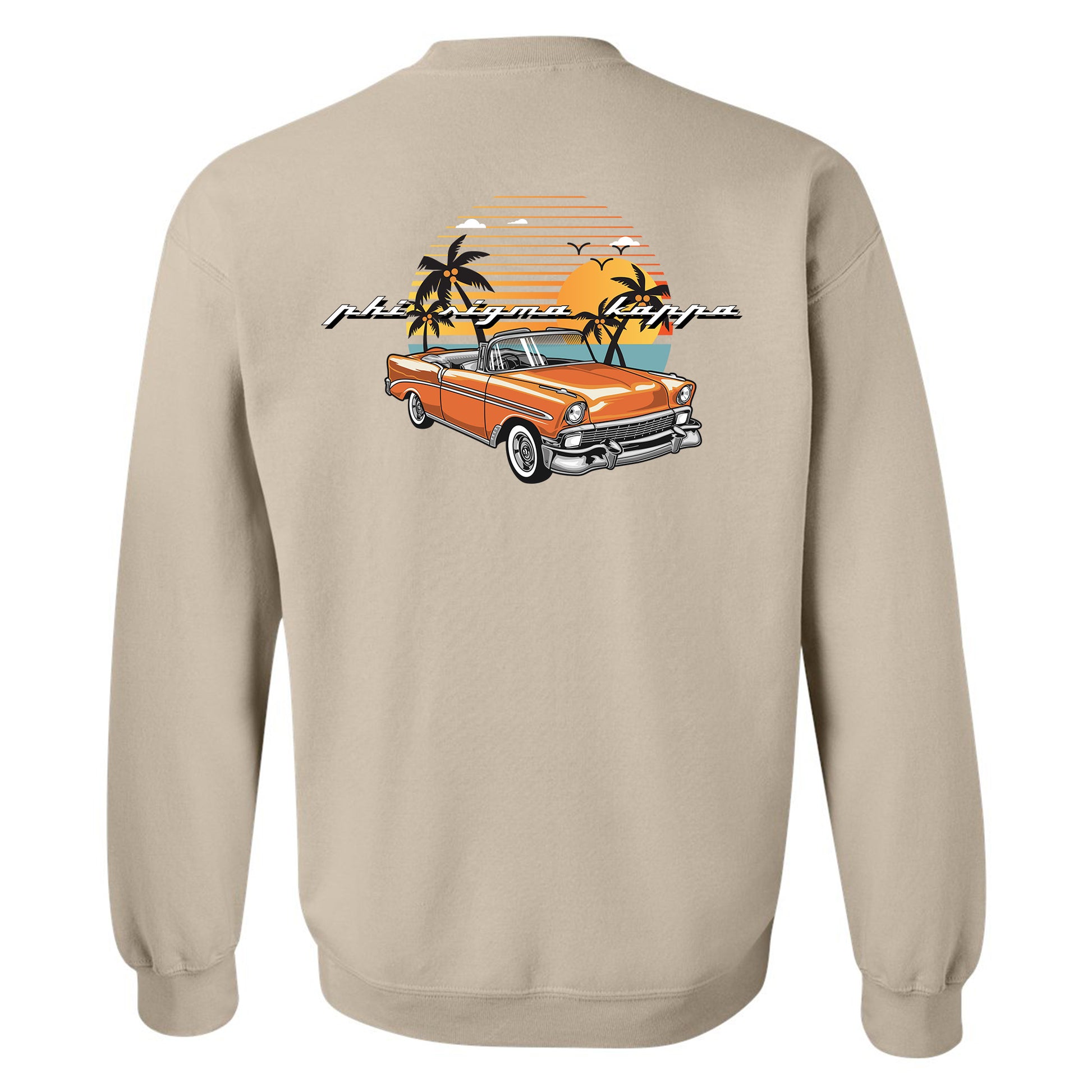 a beige sweatshirt with an orange car and palm trees