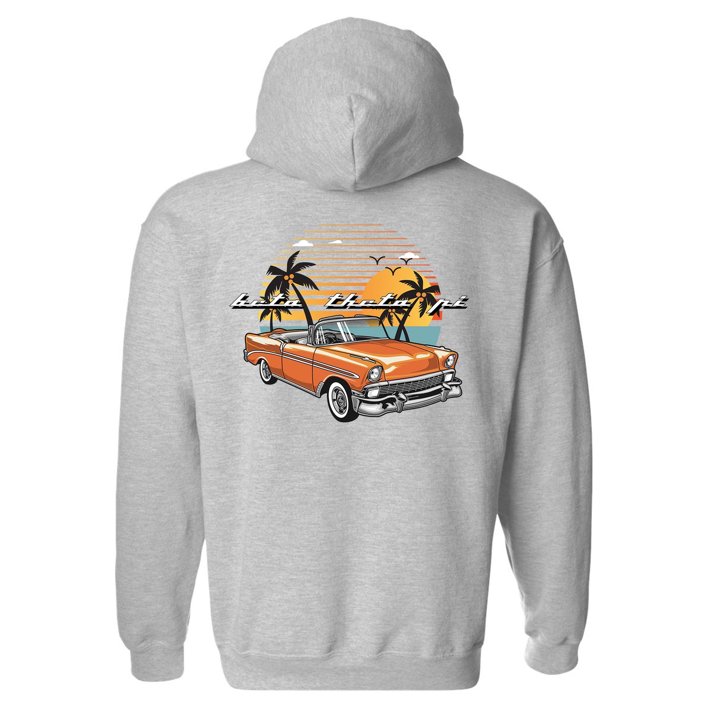 a grey hoodie with an orange car and palm trees