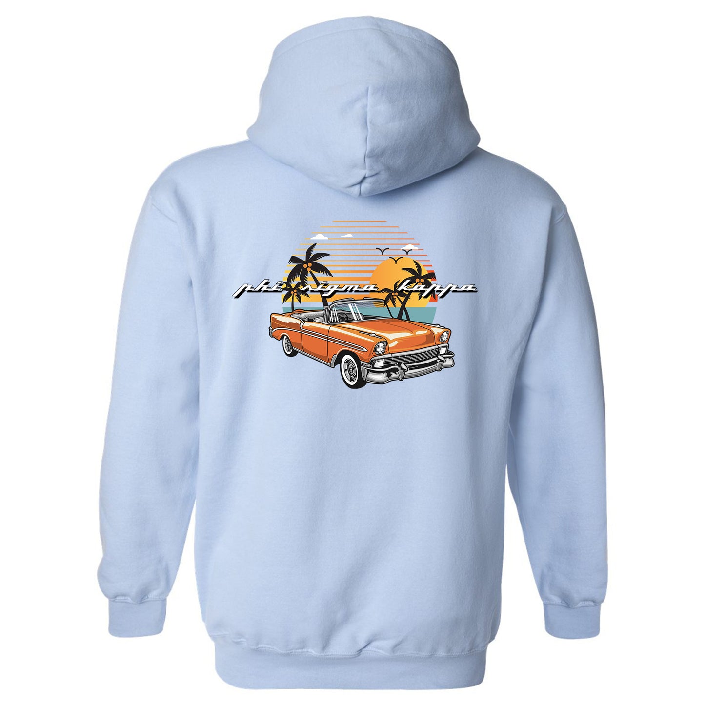 a blue hoodie with an orange car and palm trees
