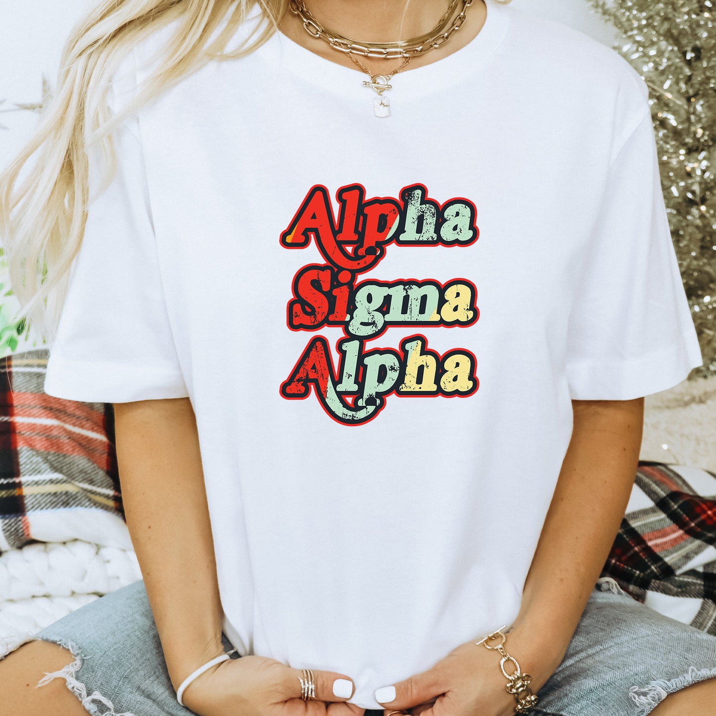 a woman wearing a white t - shirt with the words, ah ah ah ah