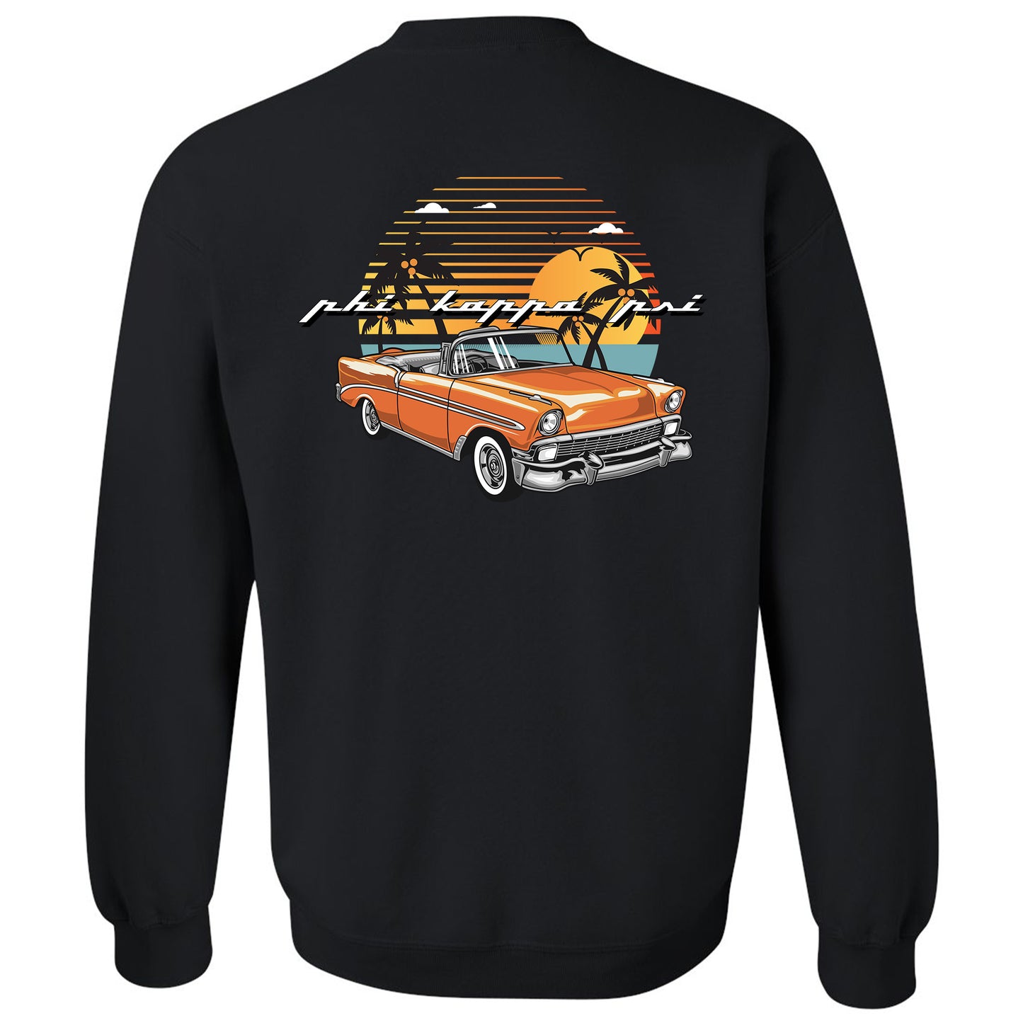 a black sweatshirt with an orange car and palm trees