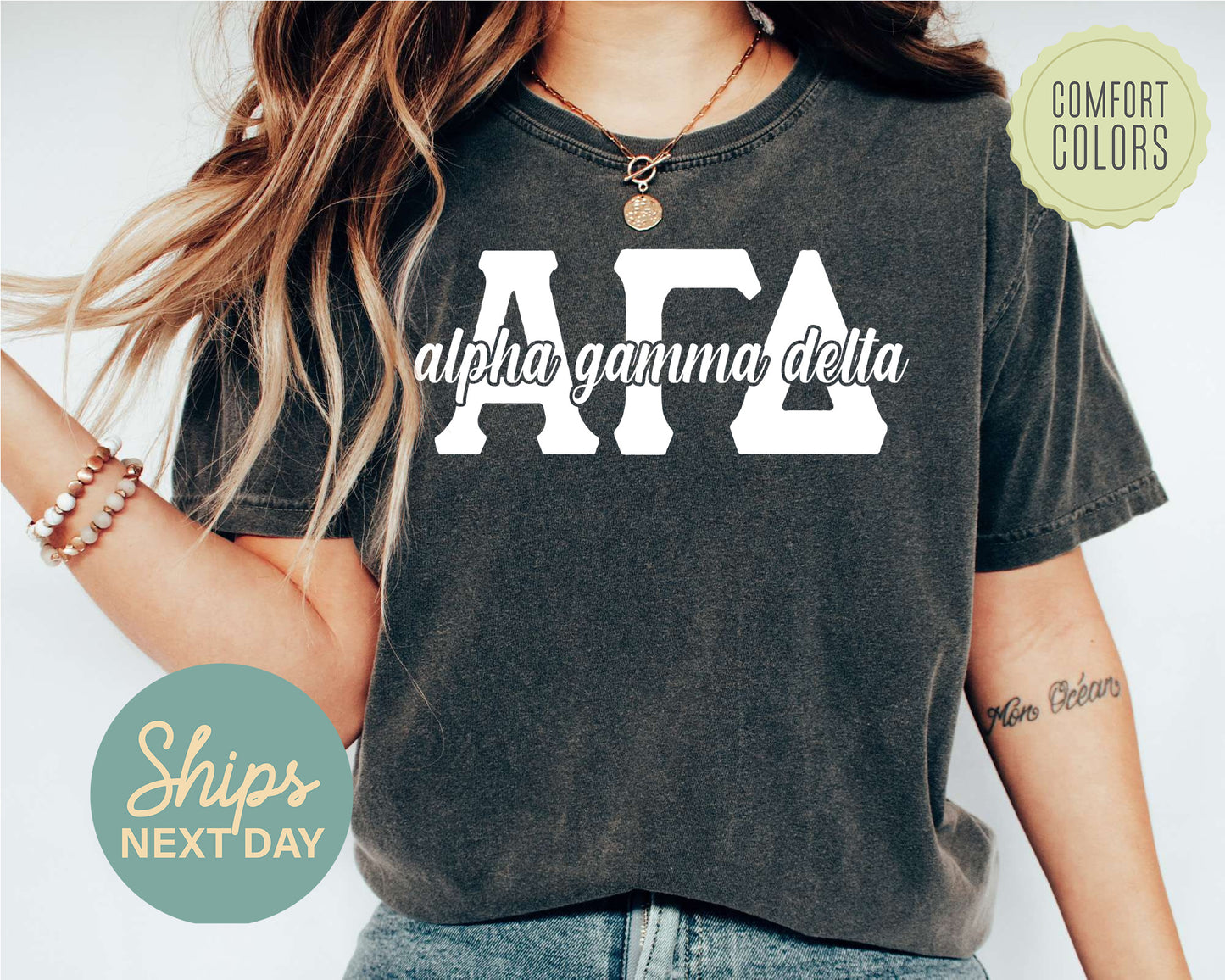 Alpha Gamma Delta Sliced White Letters Comfort Colors Sorority T-shirt _ 2241g
