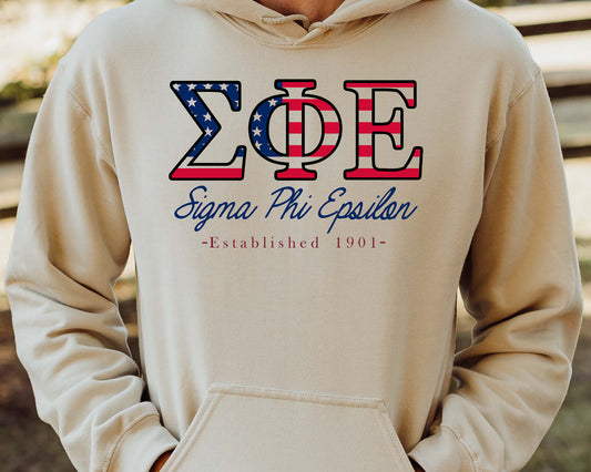 Sigma Phi Epsilon American Flag Letters Fraternity Hoodie _ 1177g