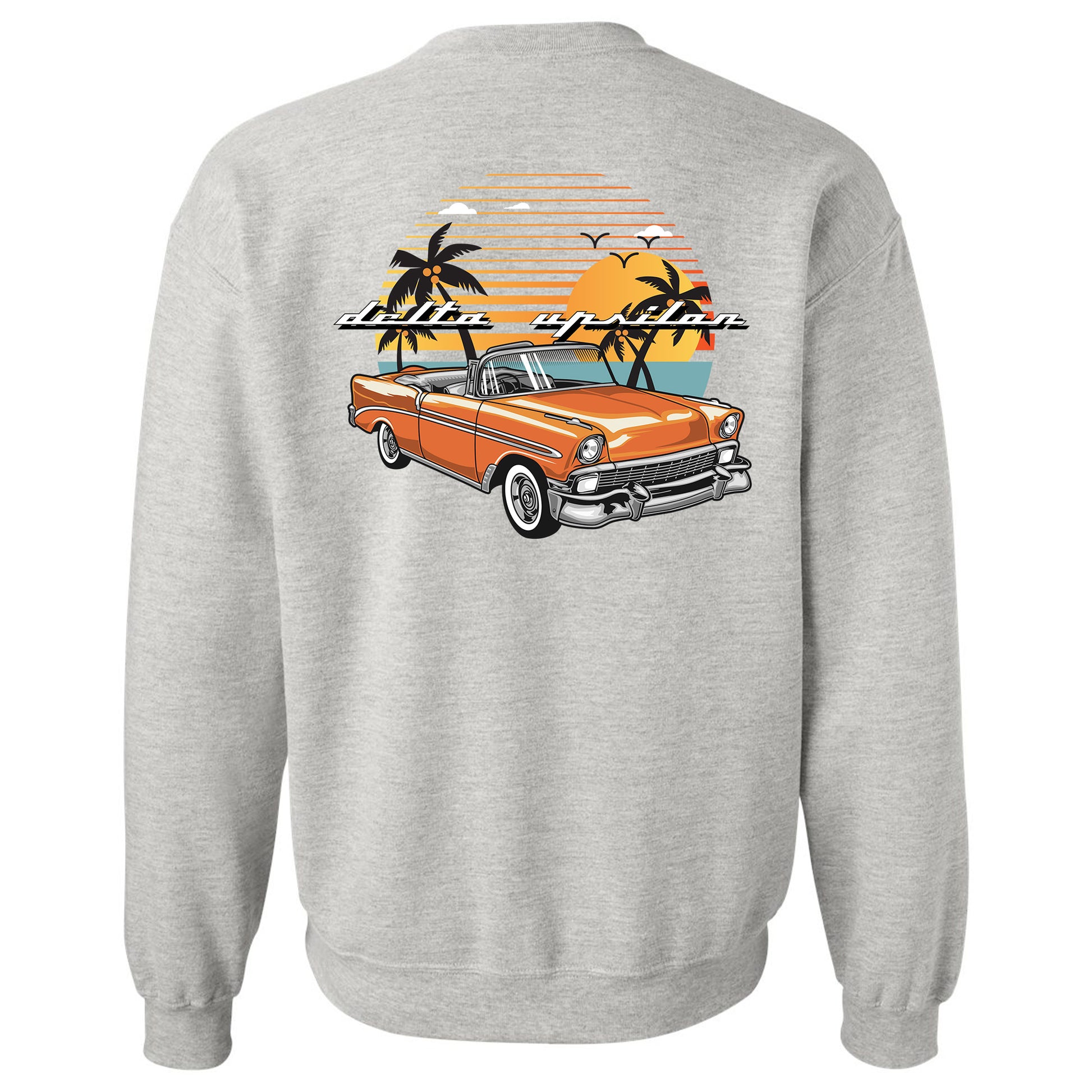 a grey sweatshirt with an orange car and palm trees