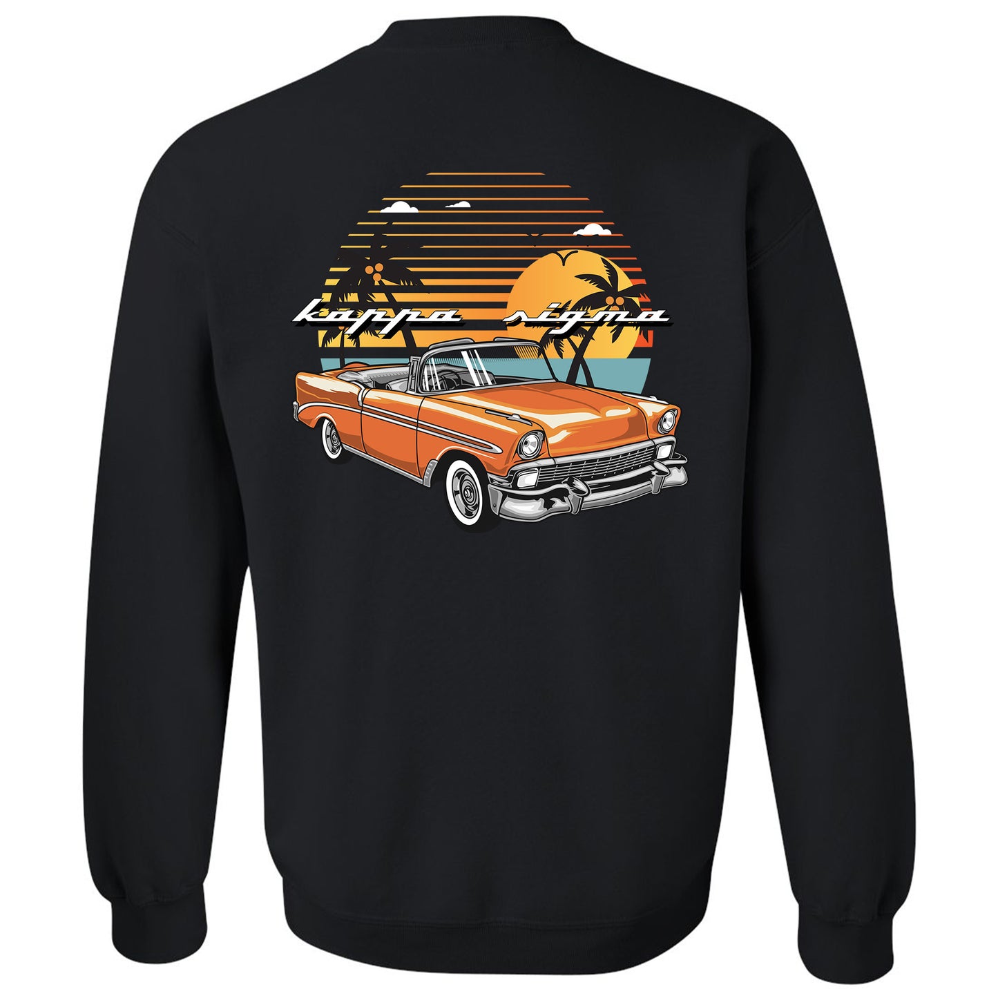 a black sweatshirt with an orange car on it