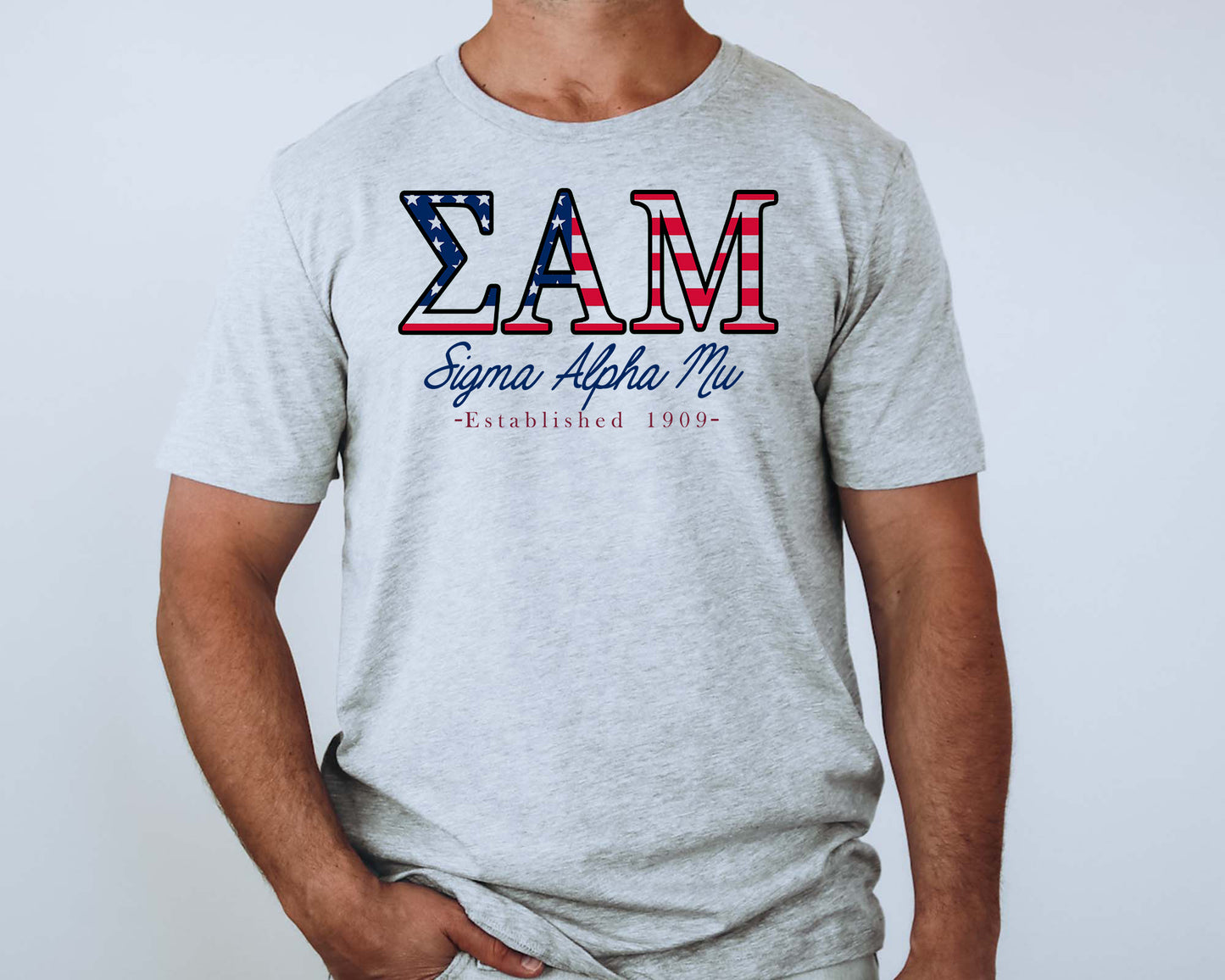 Sigma Alpha Mu American Flag Letters Fraternity T-shirt _ 1174g