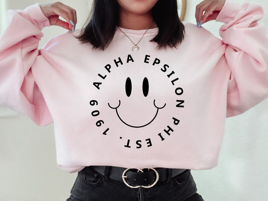 Alpha Epsilon Phi Smiley Face Halo Sorority Sweatshirt _ 2501g