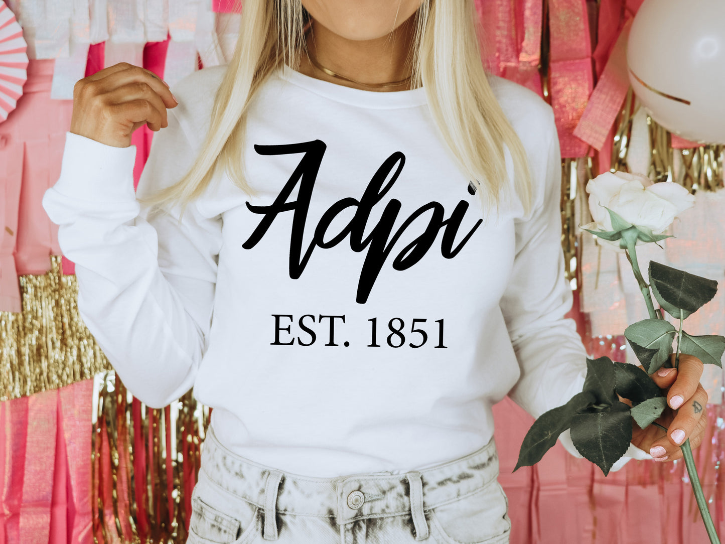 Alpha Delta Pi Black Flowy Sorority Long Sleeve T-shirt _ 78g