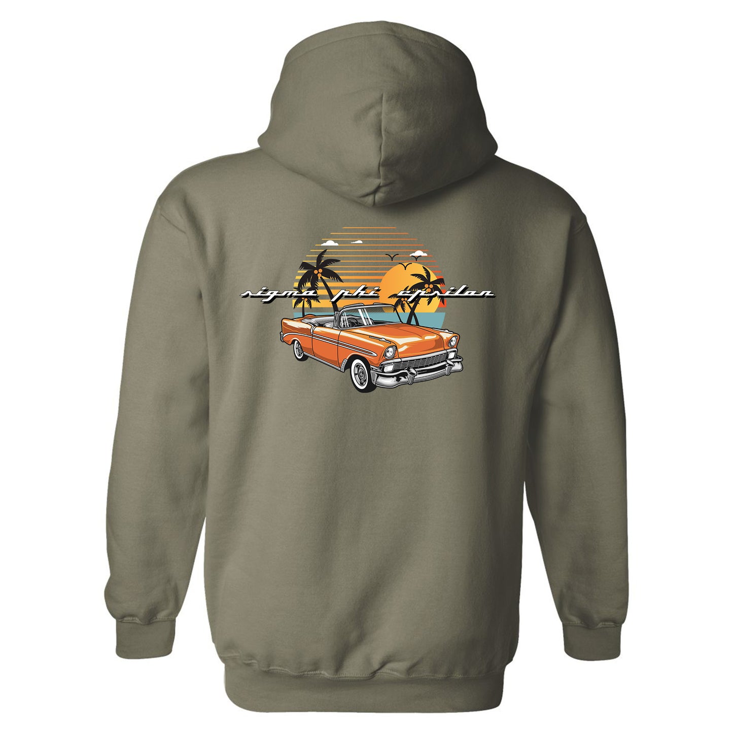 a brown hoodie with an orange car and palm trees