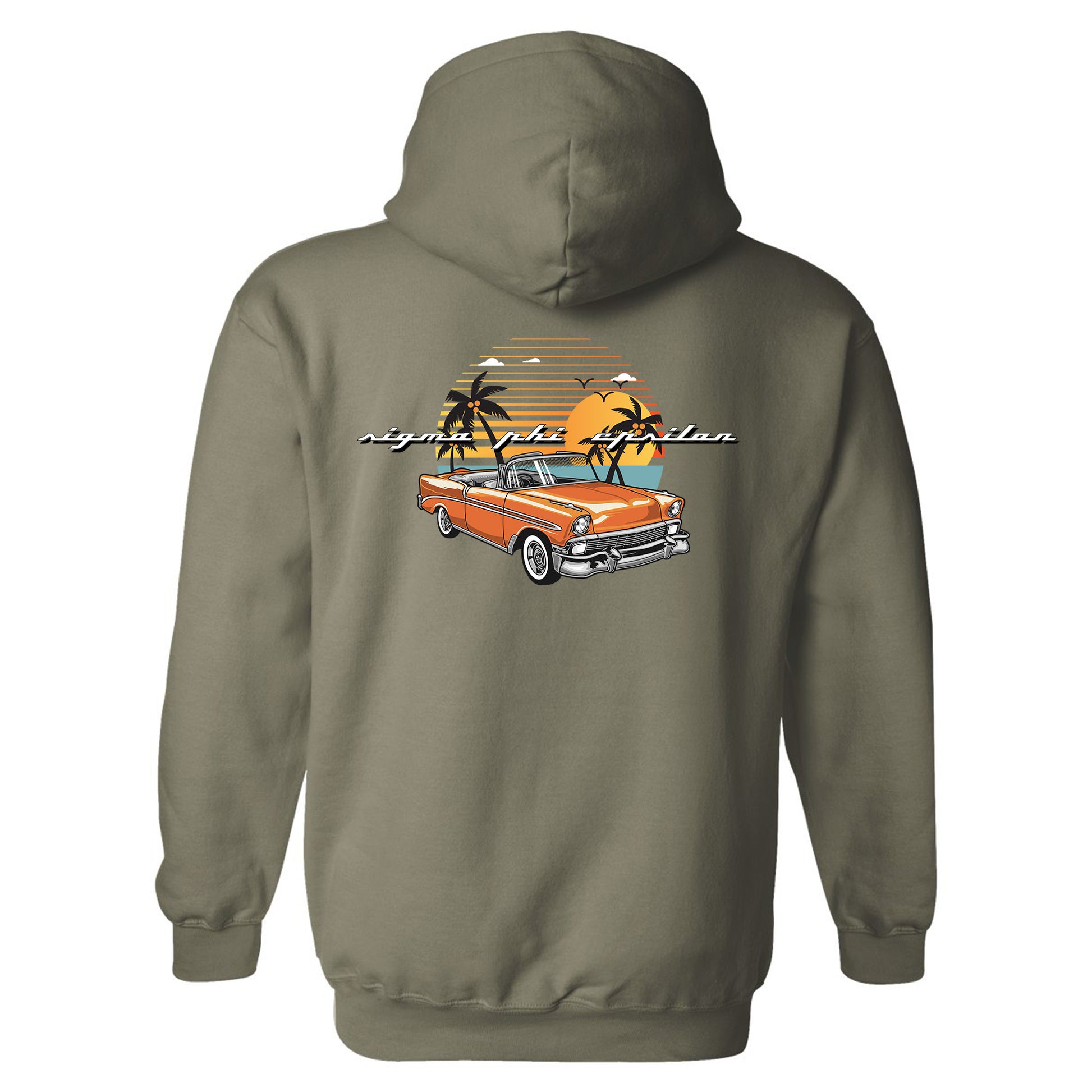 a brown hoodie with an orange car and palm trees