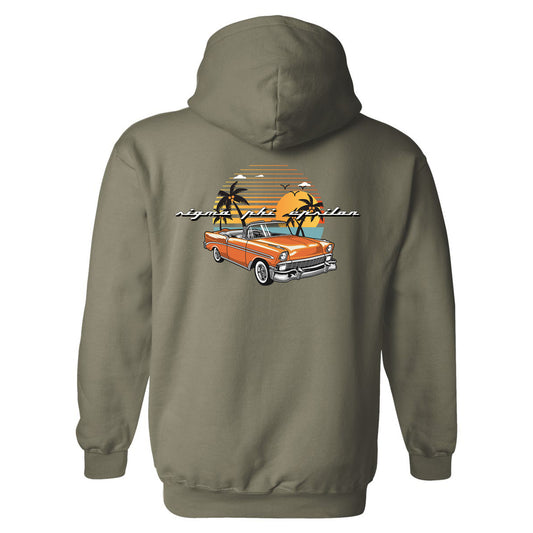 a brown hoodie with an orange car and palm trees