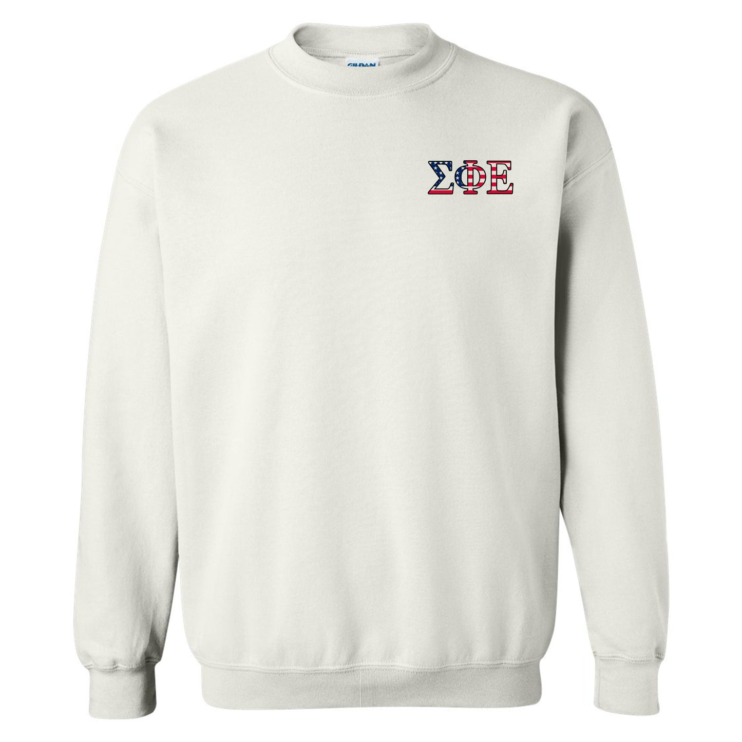 a white sweatshirt with a red, white and blue logo
