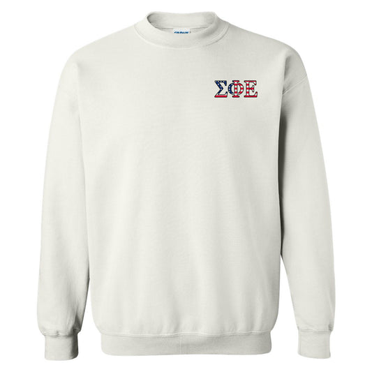 a white sweatshirt with a red, white and blue logo