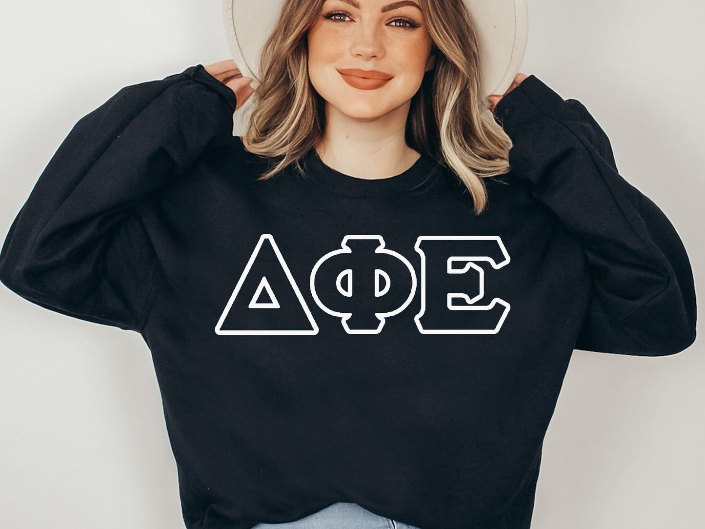 Delta Phi Epsilon White Letter Outline Sorority Sweatshirt _ 30803g
