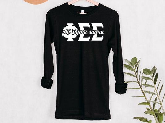 Phi Sigma Sigma Sliced White Letters Sorority Long Sleeve T-shirt _ 2257g