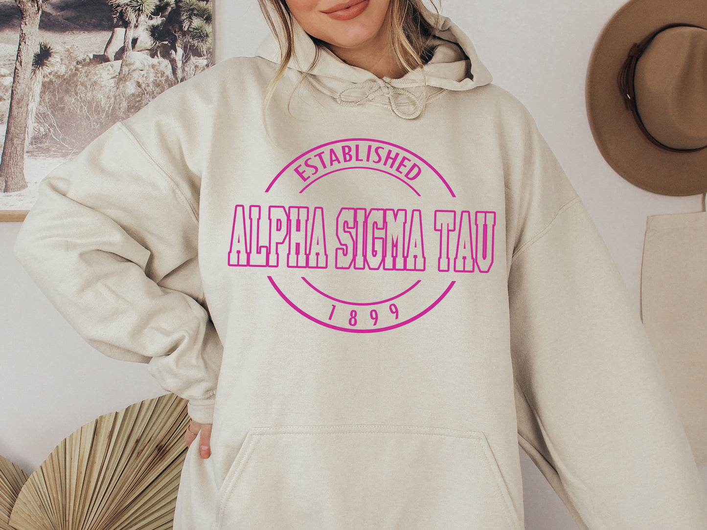 Alpha Sigma Tau Pink Stamp Sorority Hoodie _ 58g