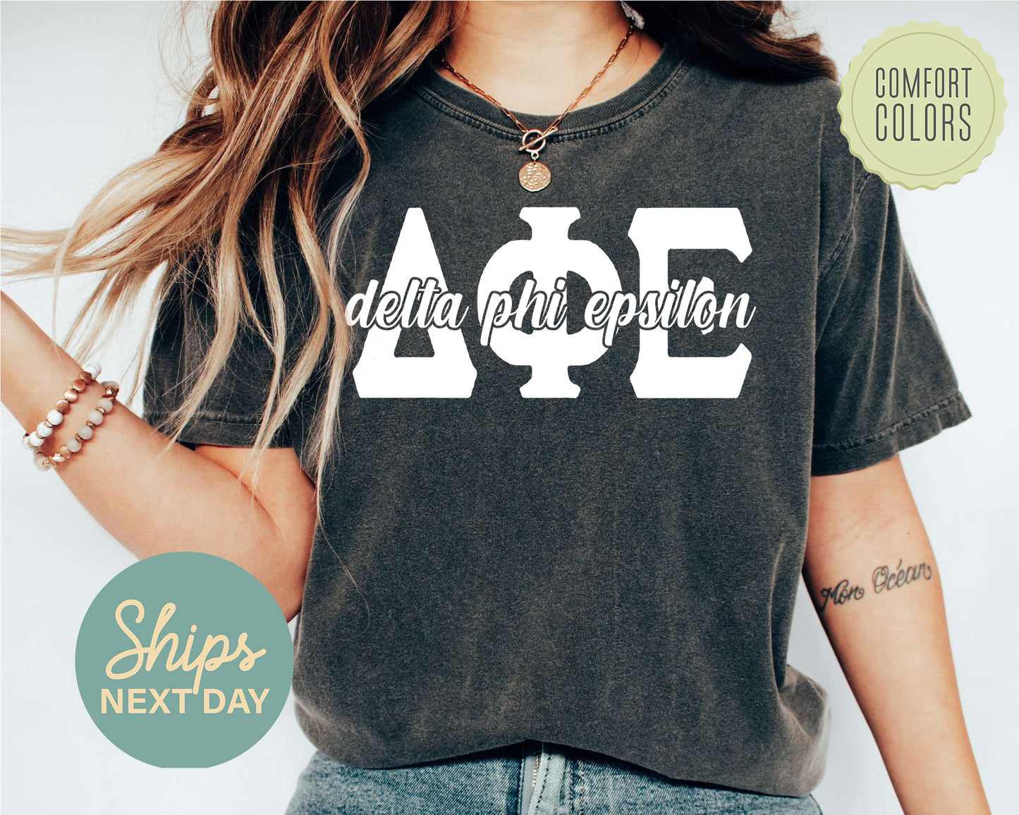 Delta Phi Epsilon Sliced White Letters Comfort Colors Sorority T-shirt _ 2250g