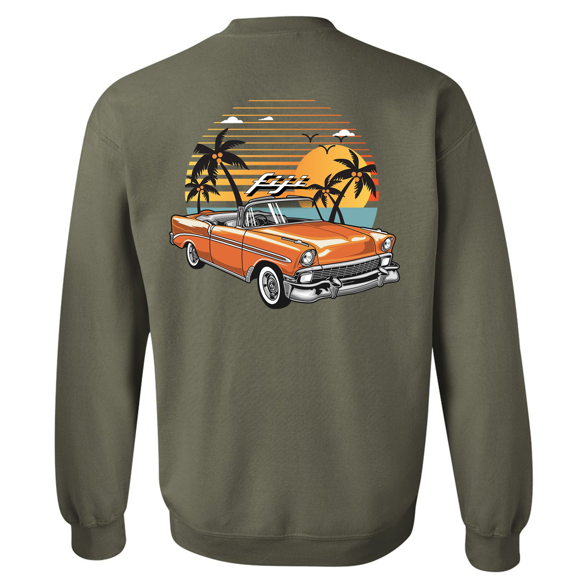 a green sweatshirt with an orange car and palm trees