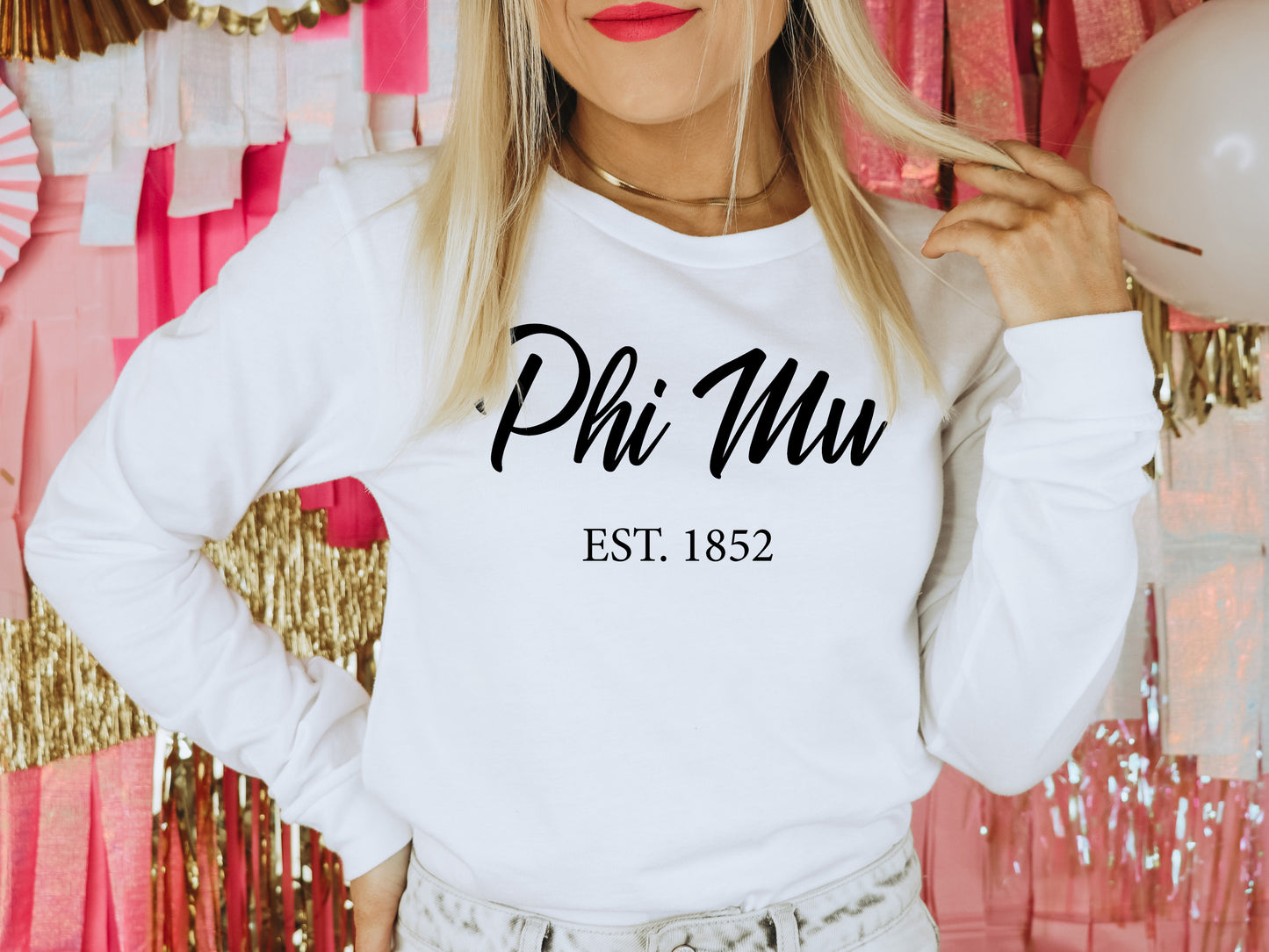 Phi Mu Black Flowy Sorority Long Sleeve T-shirt _ 95g