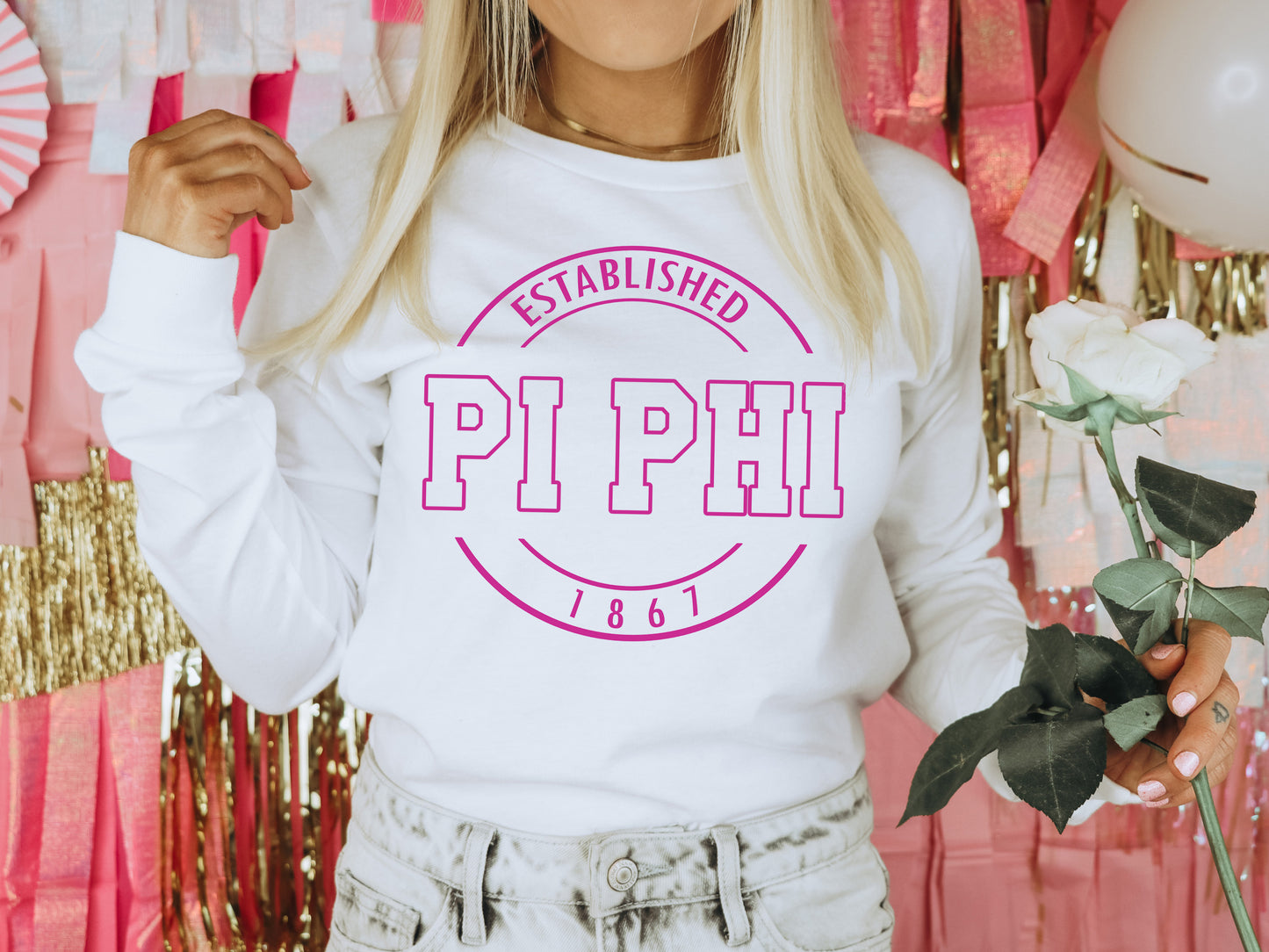 Pi Beta Phi Pink Stamp Sorority Long Sleeve T-shirt _ 71g