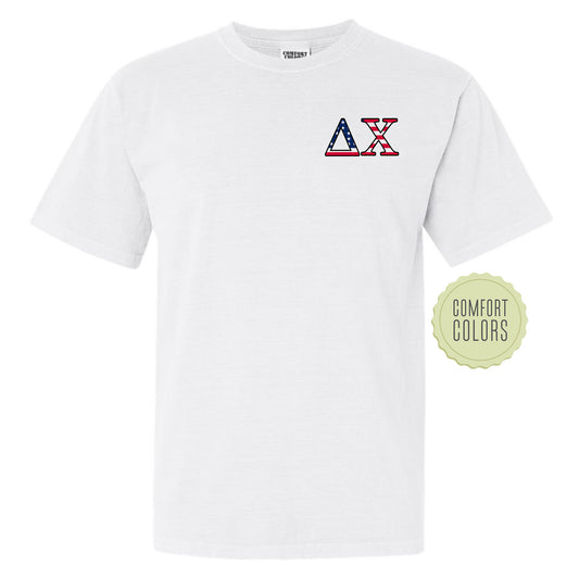 a white t - shirt with a red, white, and blue logo