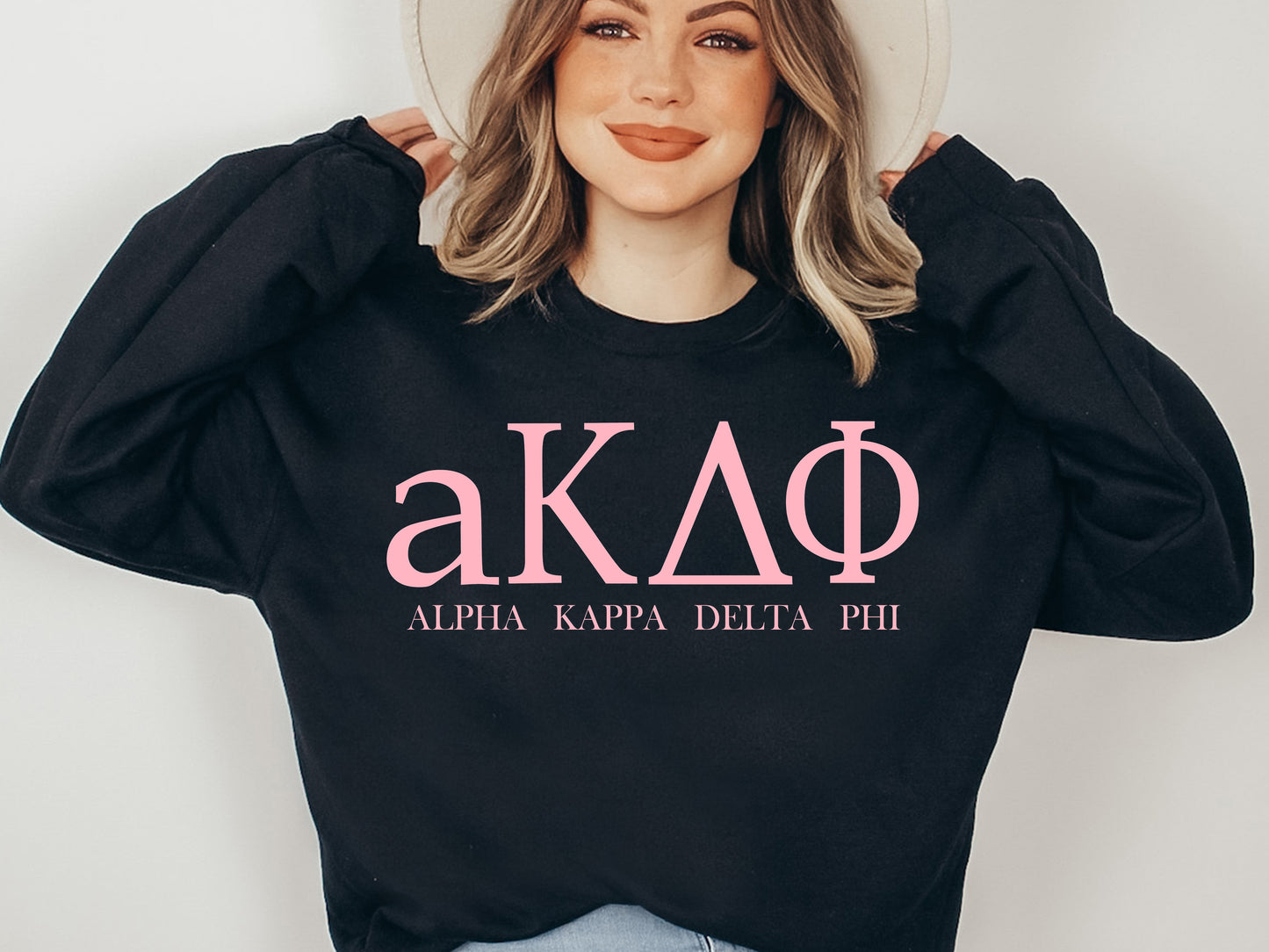 Alpha Kappa Delta Phi Pink Letter Sorority Sweatshirt _ 3482g