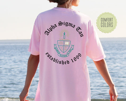 Alpha Sigma Tau Old English Crest Comfort Colors Sorority T-shirt _ 32927g