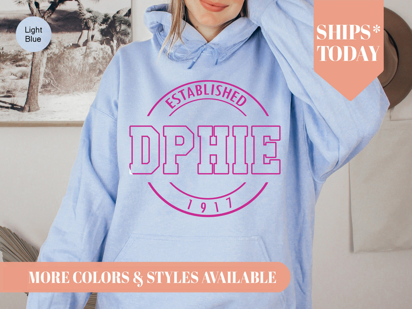 Delta Phi Epsilon Pink Stamp Sorority Hoodie _ 63g