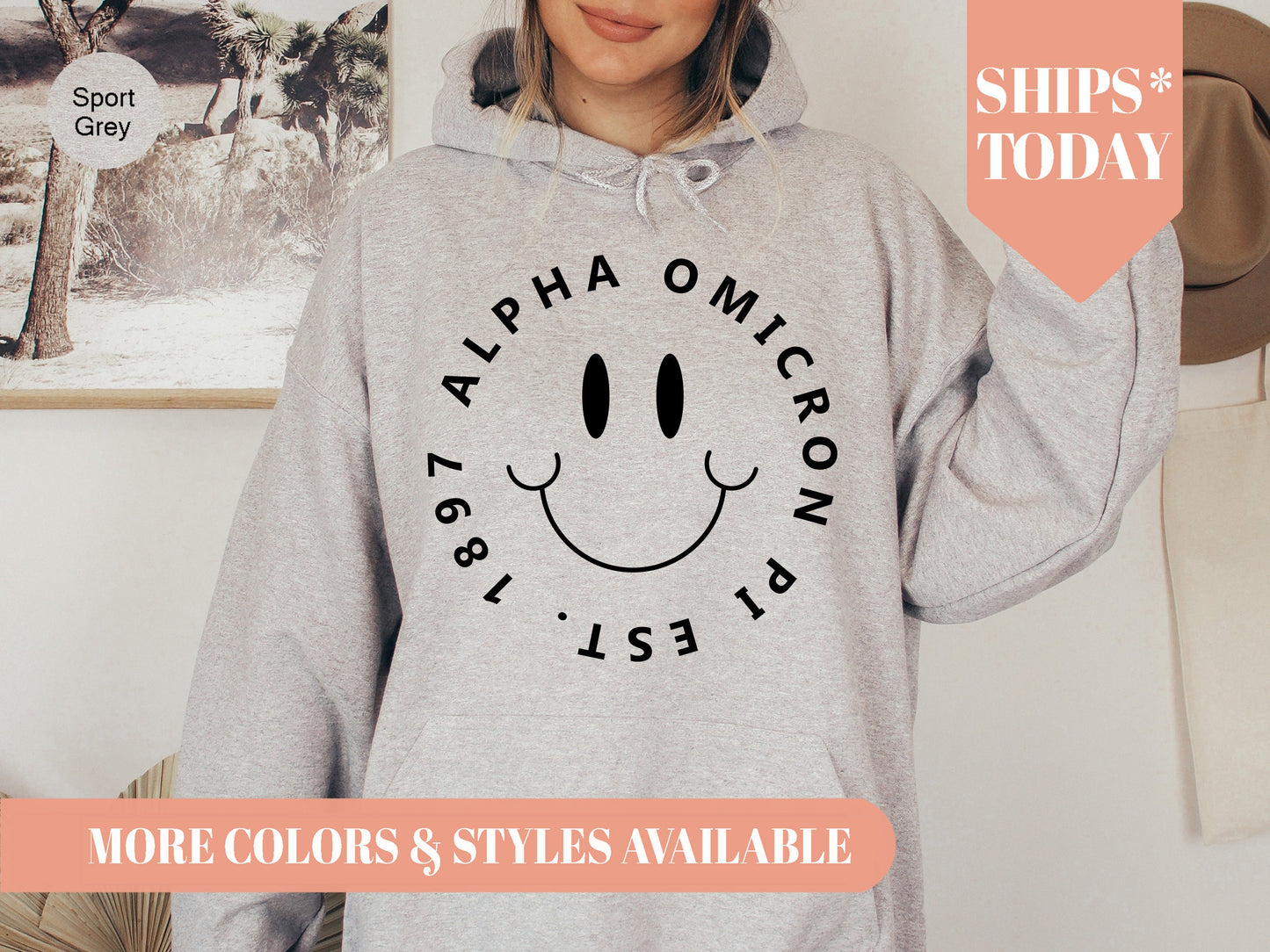 Alpha Omicron Pi Smiley Face Halo Sorority Hoodie _ 2503g