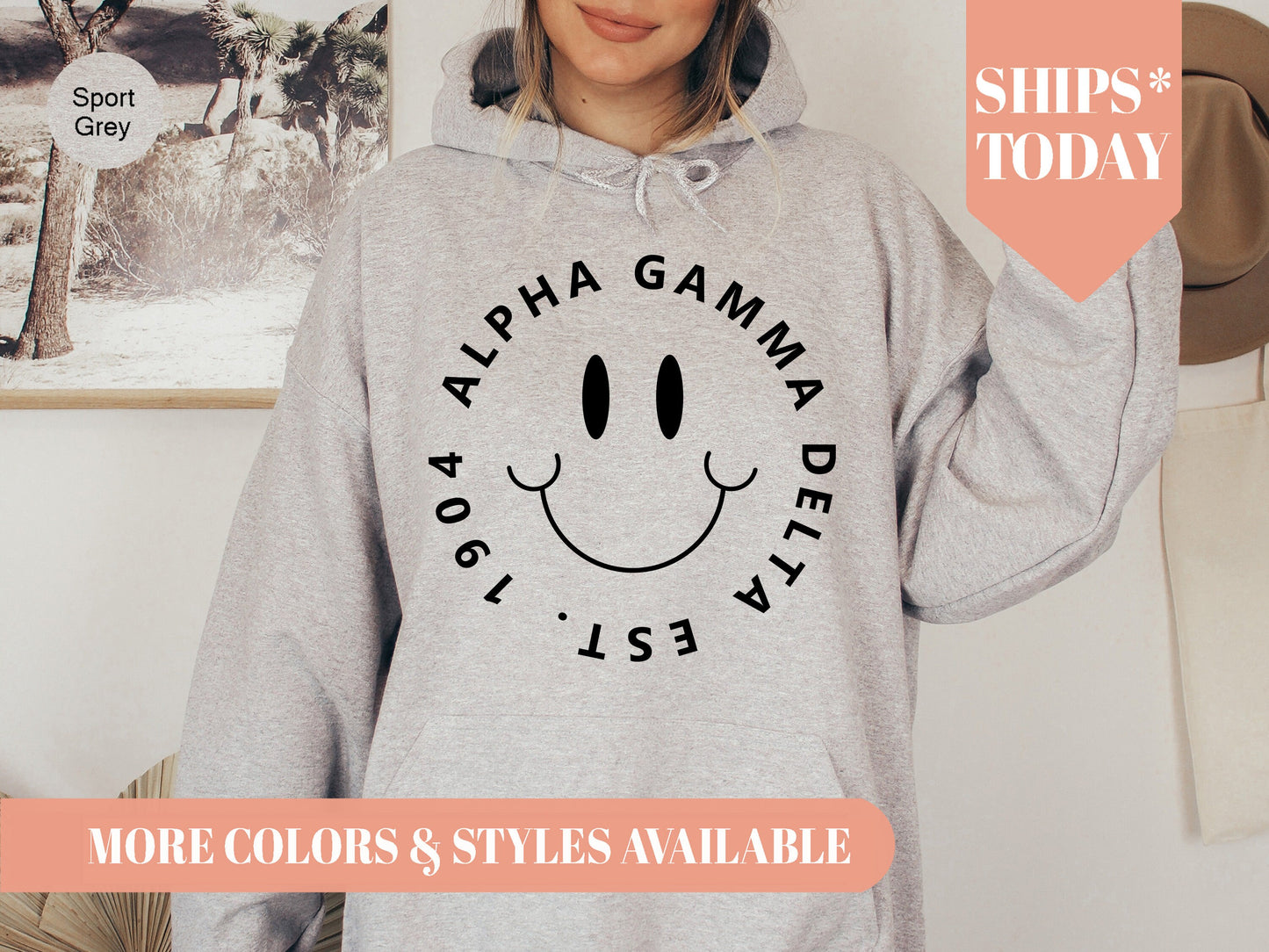 Alpha Gamma Delta Smiley Face Halo Sorority Hoodie _ 2502g