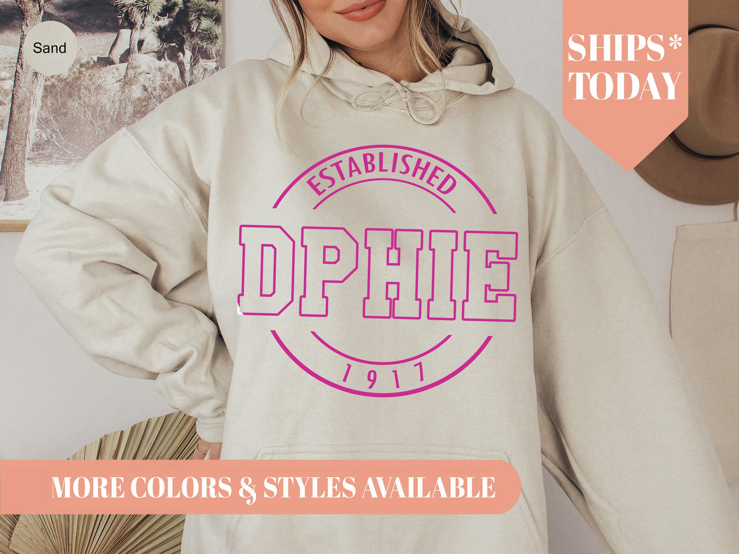 Delta Phi Epsilon Pink Stamp Sorority Hoodie _ 63g