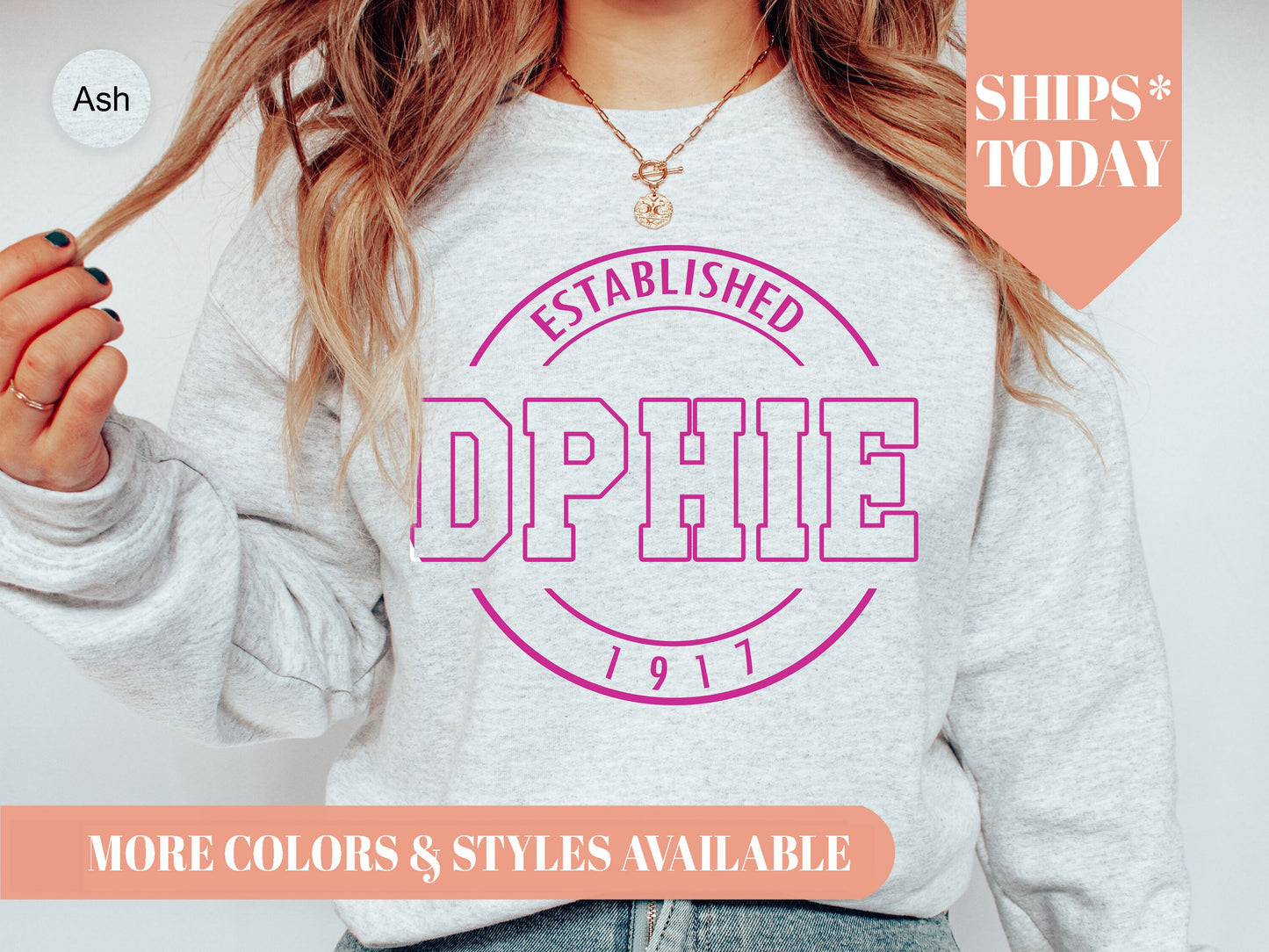Delta Phi Epsilon Pink Stamp Sorority Sweatshirt _ 63g