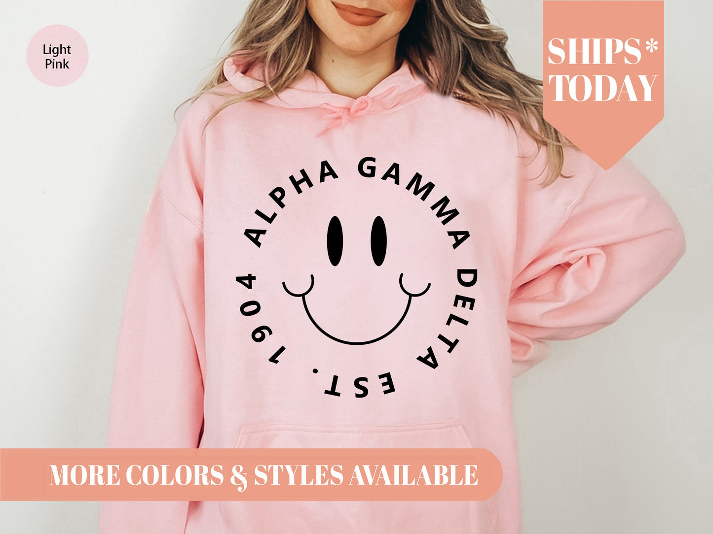 Alpha Gamma Delta Smiley Face Halo Sorority Hoodie _ 2502g