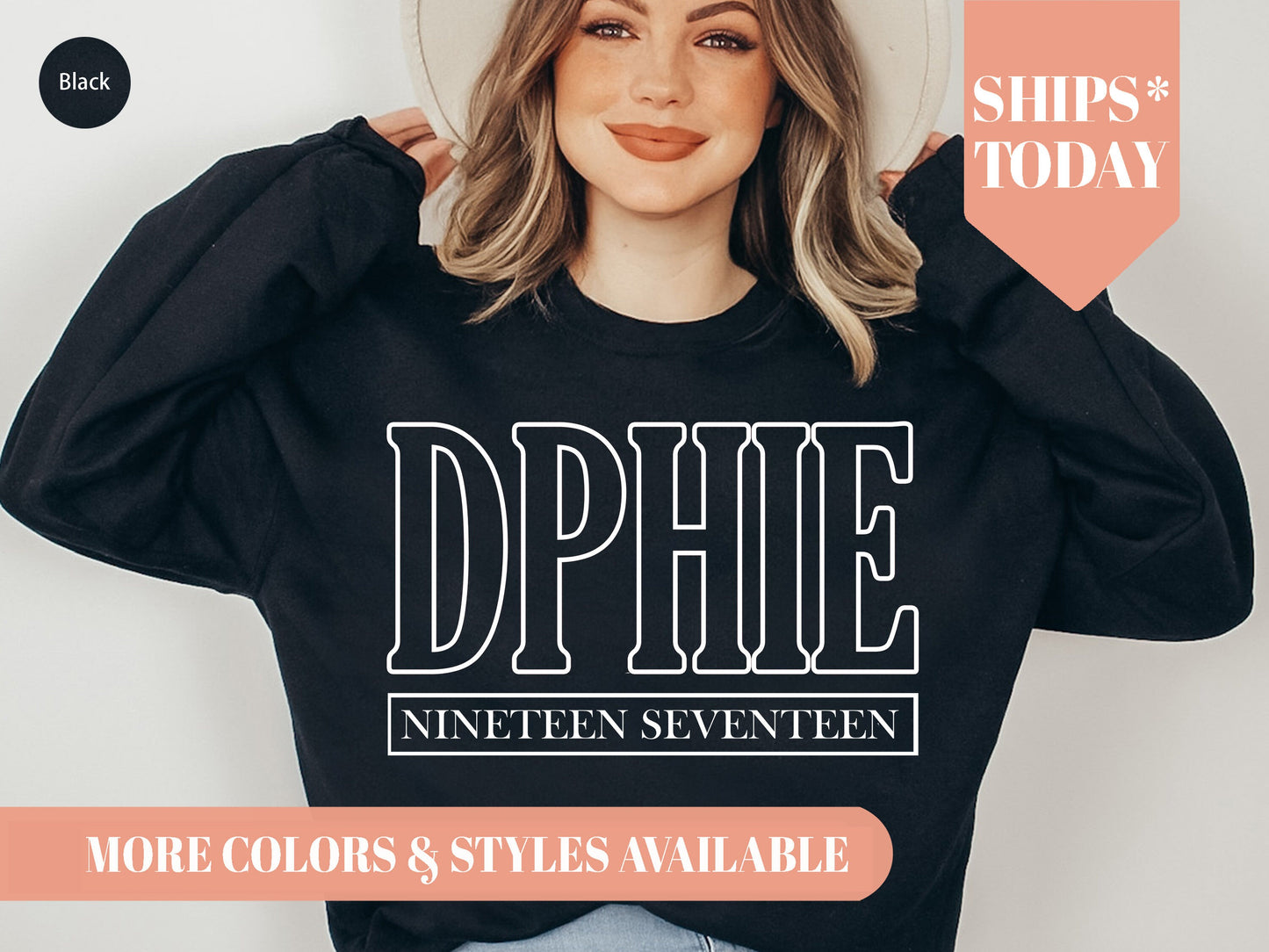 Delta Phi Epsilon Stencil Stacked Sorority Sweatshirt _ 2146g