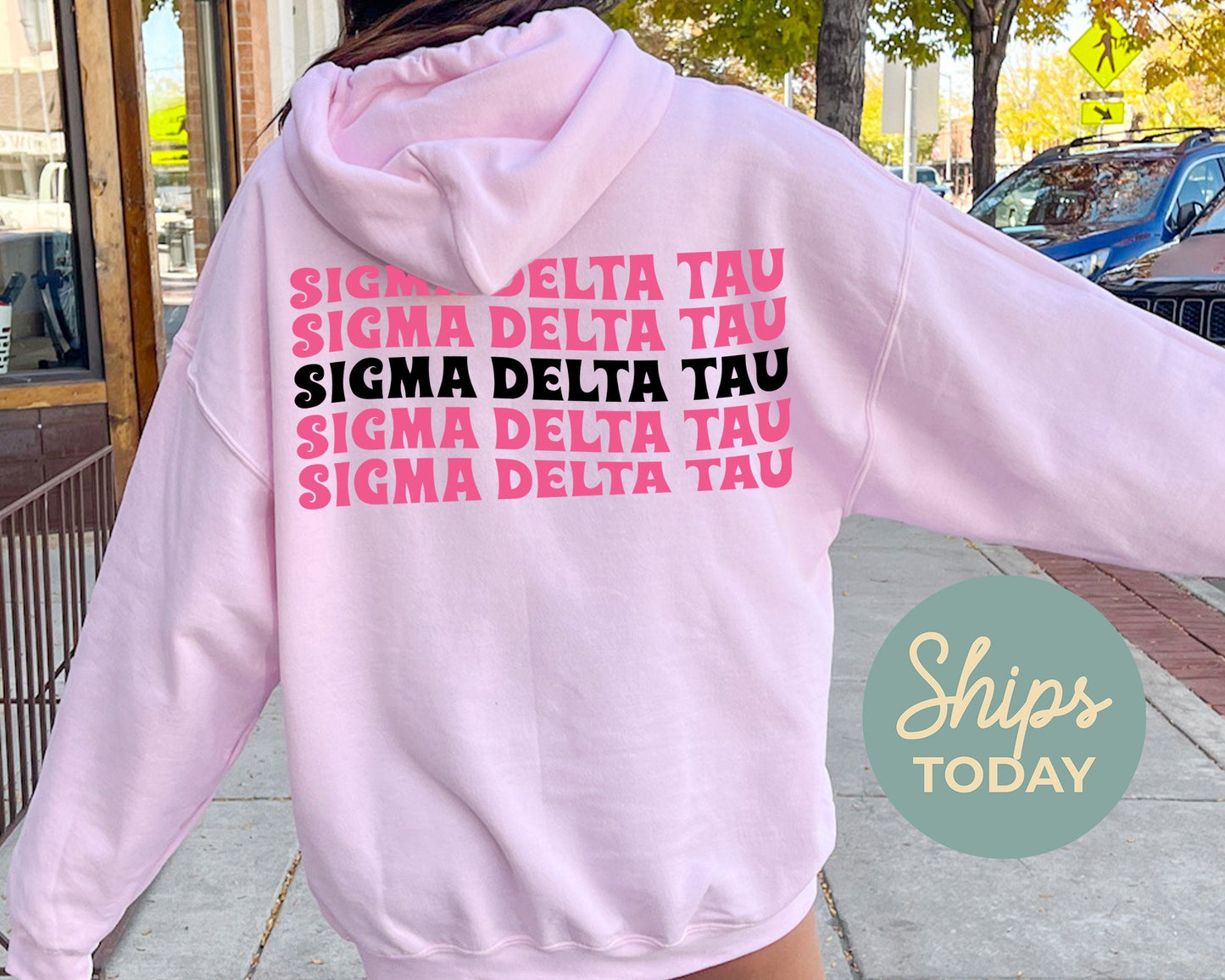 Sigma Delta Tau Pink Waves Sorority Hoodie _ 33097g