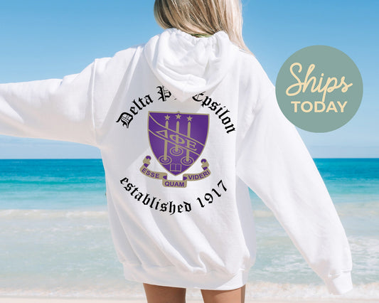 Delta Phi Epsilon Old English Crest Sorority Hoodie _ 32932g